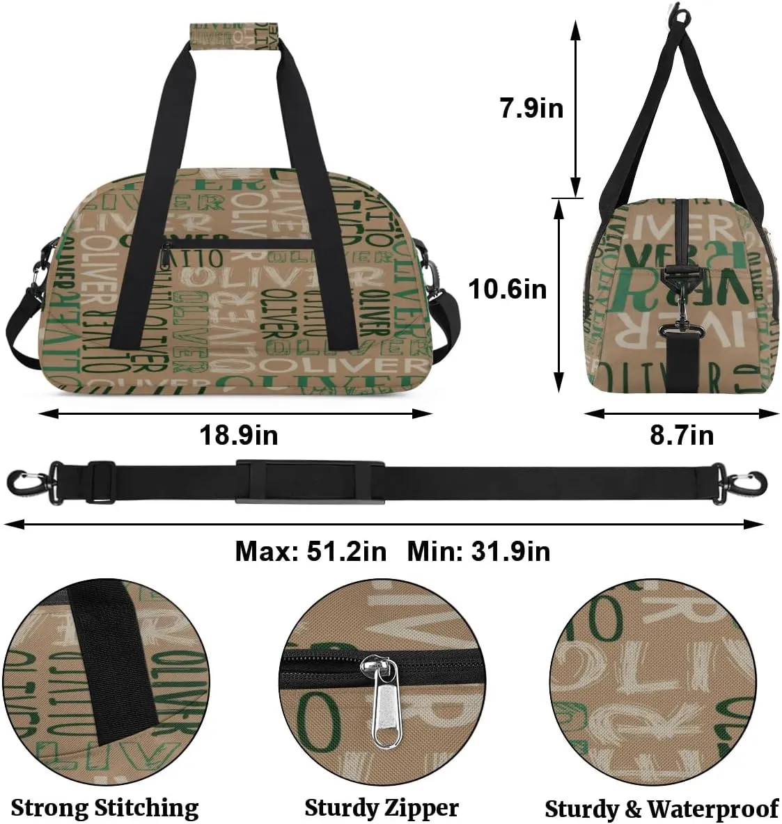 Personalized Dance Bag Duffel Bag for Girl, Custom Sport Gym Bag for Boy, Ballet Bag Weekender Bags Travel Duffel Bag Gift for Kids Brown Green Text
