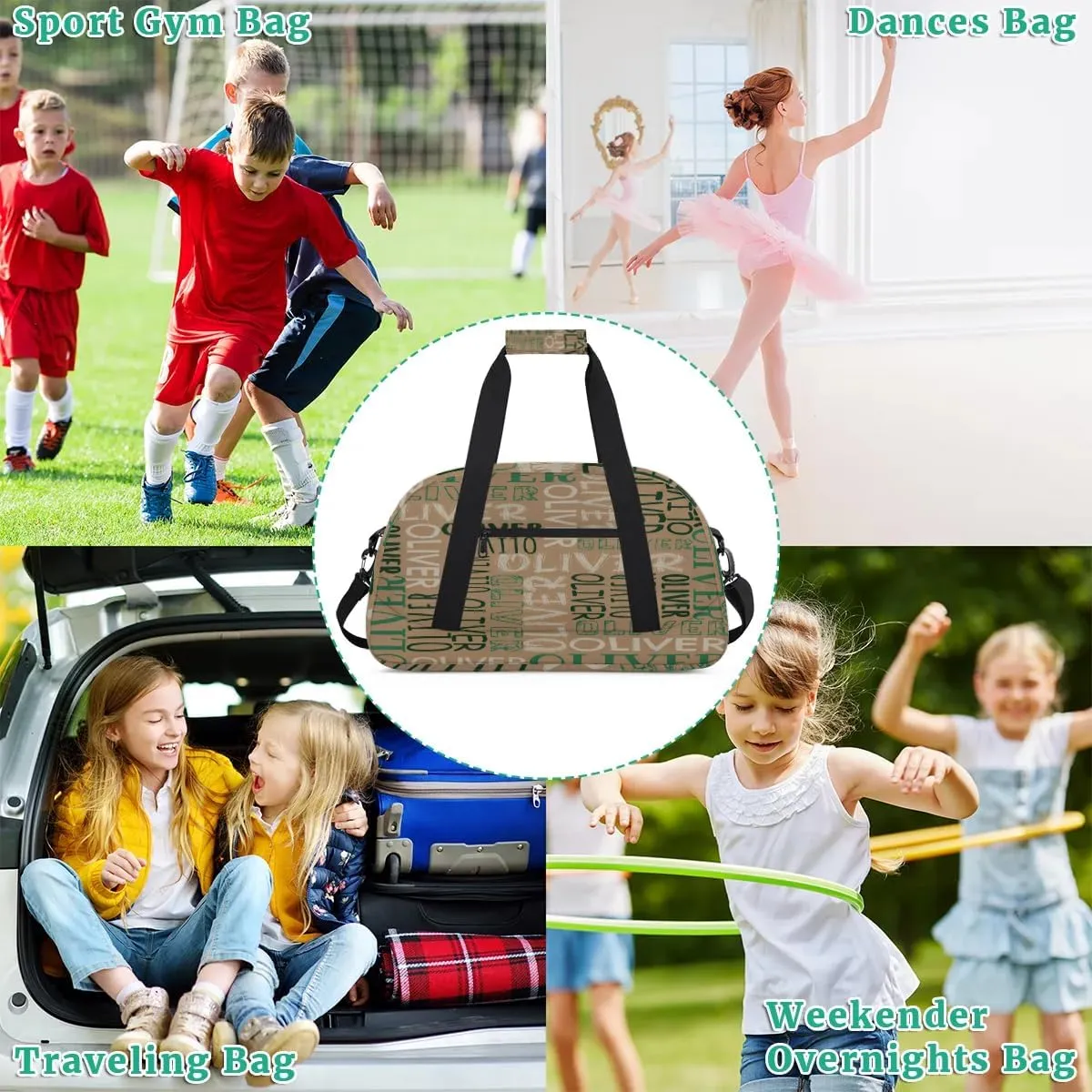 Personalized Dance Bag Duffel Bag for Girl, Custom Sport Gym Bag for Boy, Ballet Bag Weekender Bags Travel Duffel Bag Gift for Kids Brown Green Text