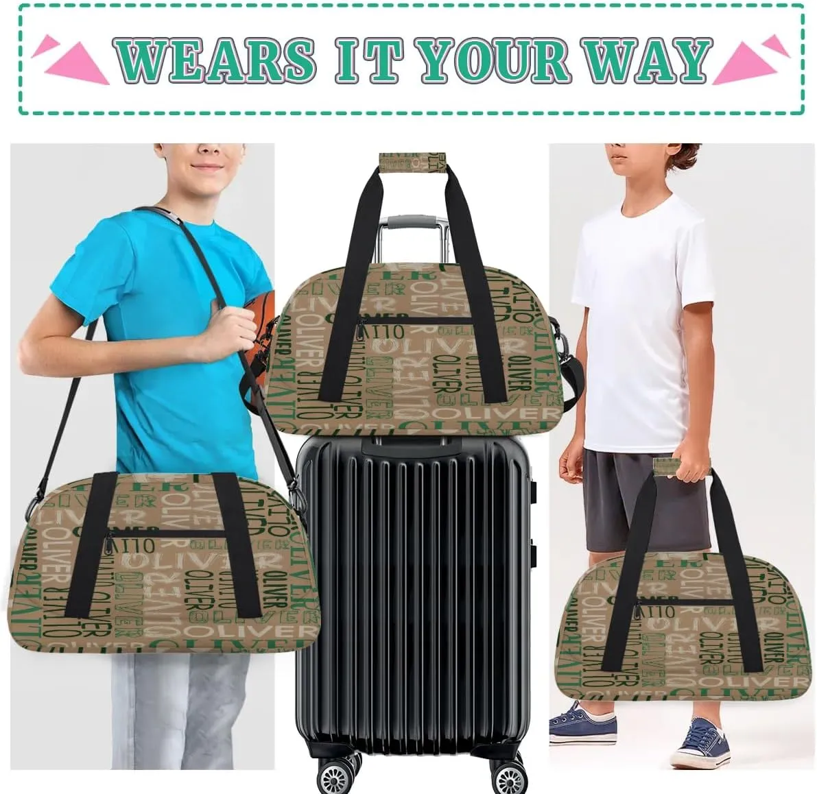 Personalized Dance Bag Duffel Bag for Girl, Custom Sport Gym Bag for Boy, Ballet Bag Weekender Bags Travel Duffel Bag Gift for Kids Brown Green Text