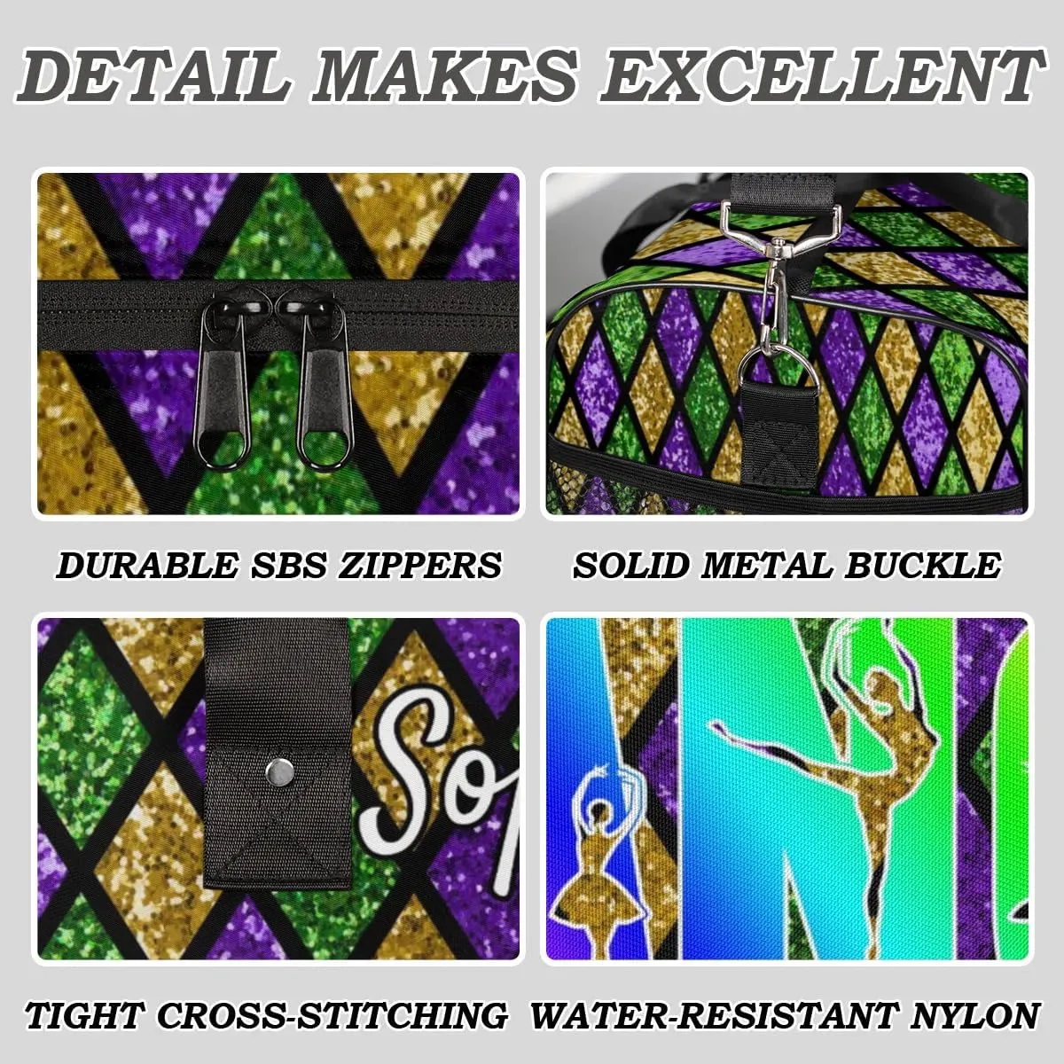 Personalized Dance Bag Gym Bags, Custom Neme Dance Ballet Sports Duffel Bags Weekender Bags Custom Travel Duffel Bag Bag Lattice Glitter Pattern