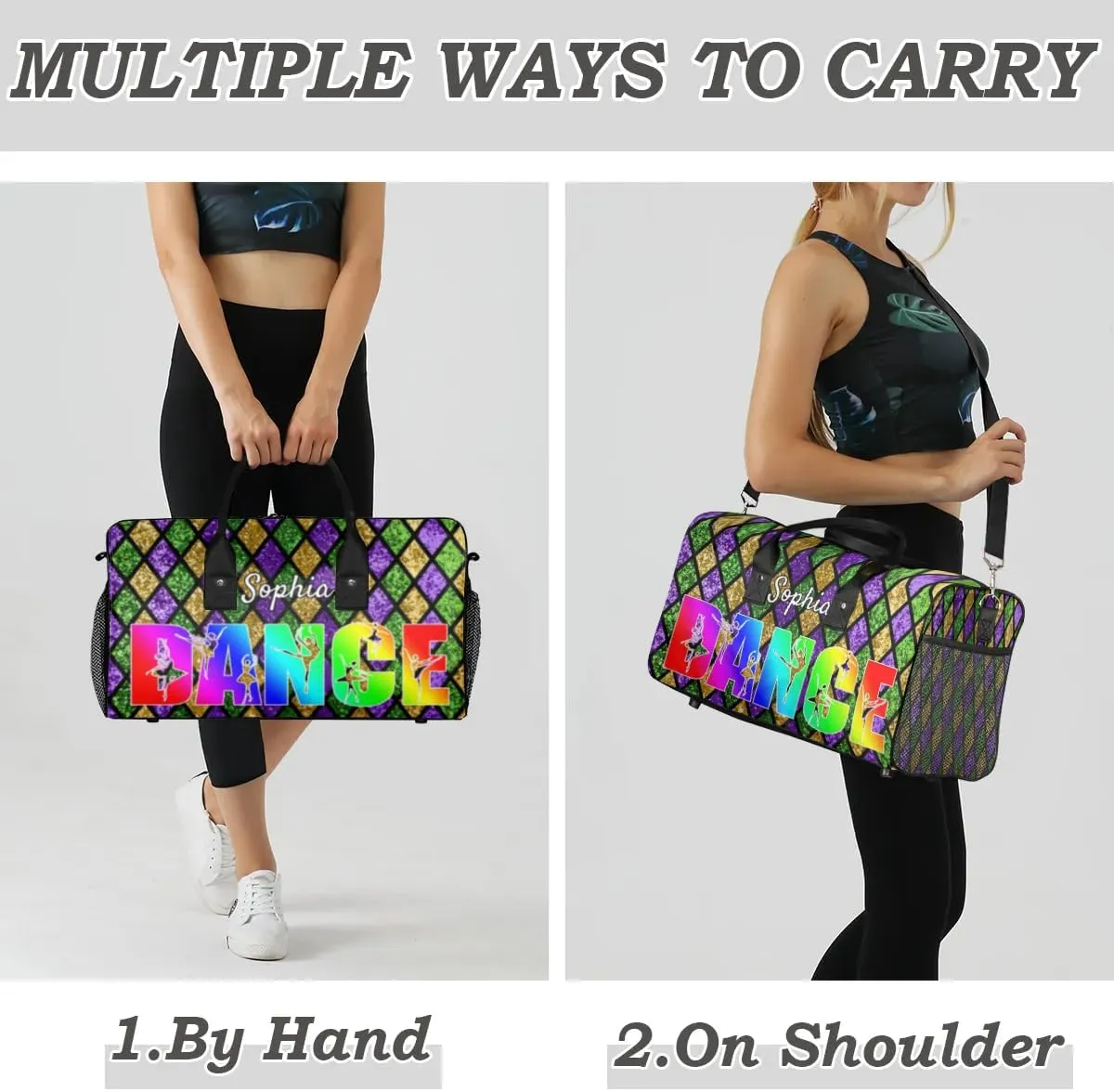 Personalized Dance Bag Gym Bags, Custom Neme Dance Ballet Sports Duffel Bags Weekender Bags Custom Travel Duffel Bag Bag Lattice Glitter Pattern