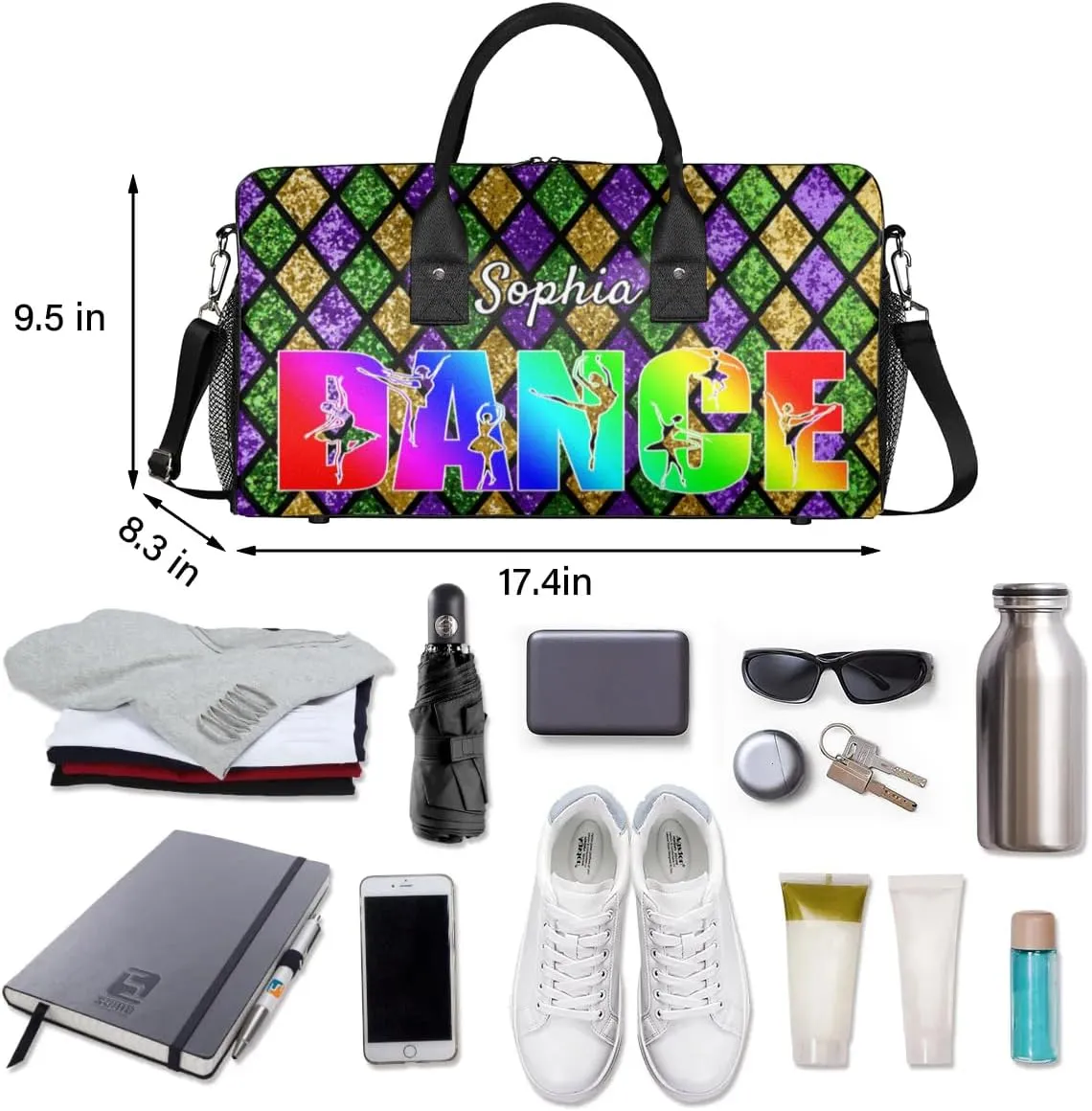 Personalized Dance Bag Gym Bags, Custom Neme Dance Ballet Sports Duffel Bags Weekender Bags Custom Travel Duffel Bag Bag Lattice Glitter Pattern