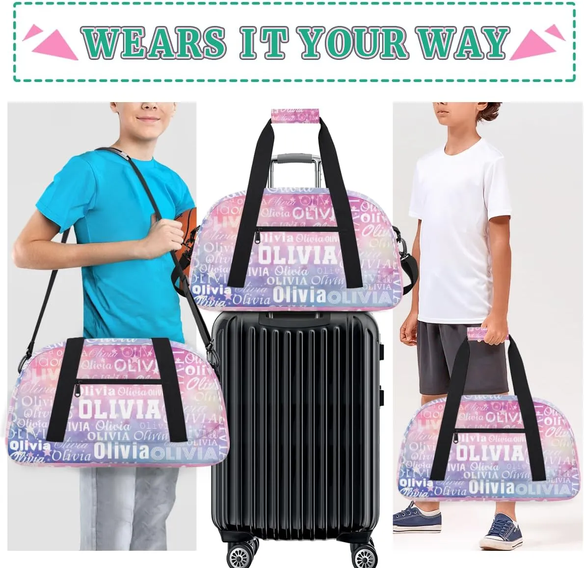 Personalized Duffel Bag Custom Dance Bag for Girls Customized Kids Gymnastics Creative Name Ballet Bag Overnighter Travel Carry on Tote Sport for Boys Backpack Gradient Purple