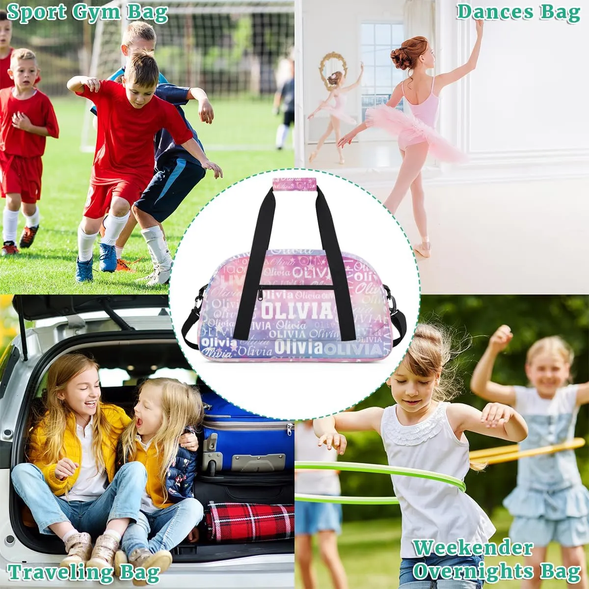 Personalized Duffel Bag Custom Dance Bag for Girls Customized Kids Gymnastics Creative Name Ballet Bag Overnighter Travel Carry on Tote Sport for Boys Backpack Gradient Purple