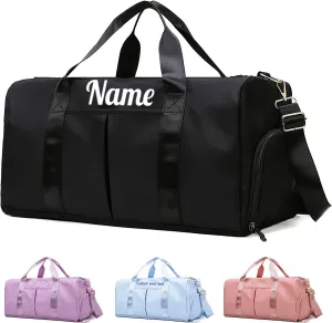 Personalized Duffle Bag Black Sport Gym Travel Bags Embroidered Name Text,Custom Dry Wet Separated Overnight Weekender Waterproof Bag Gift