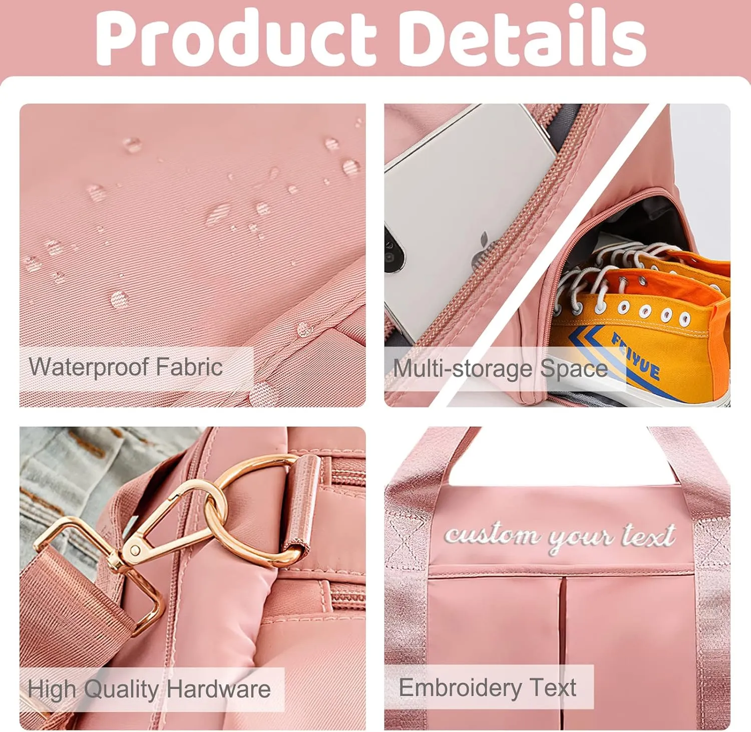 Personalized Duffle Bag Pink Sport Gym Travel Bags Embroidered Name Text,Custom Dry Wet Separated Overnight Weekender Waterproof Bag Gift