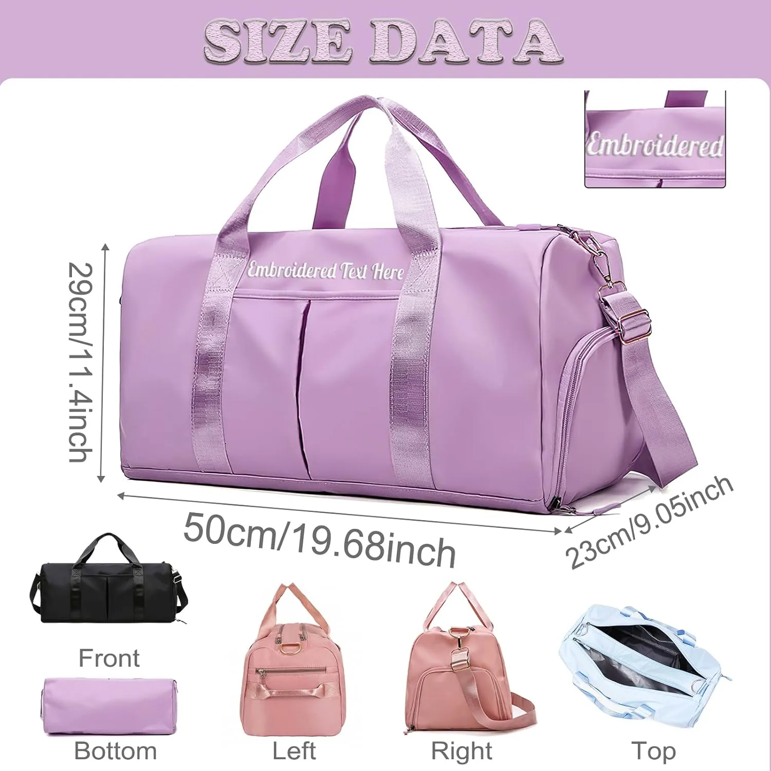 Personalized Duffle Bag Purple Sport Gym Travel Bags Embroidered Name Text,Custom Dry Wet Separated Overnight Weekender Waterproof Bag Gift