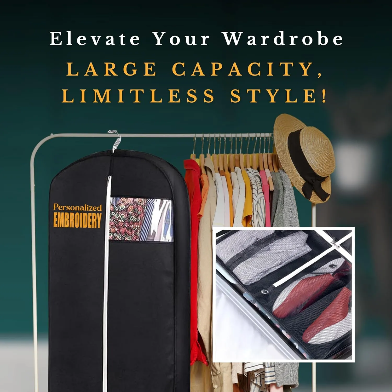 Personalized Garment bag for Hanging Clothes -Embroidered Horse Show Breathable Black Uniform Bags With 2 Mesh Pockets for Horse Show Riding Wear, Contest Uniform, Custom Cover Bag with Carry Handle