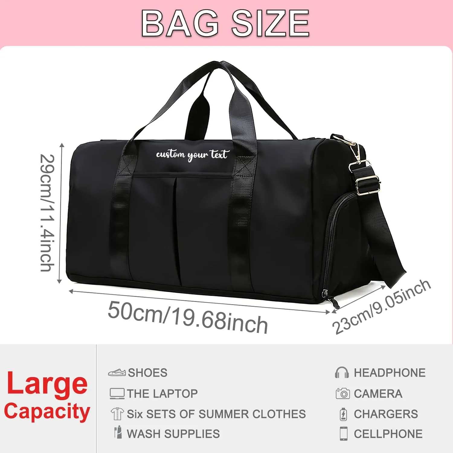 Personalized Initial Duffle Bag Custom Weekender Overnight Bags with Embroidery Name Sports Gym Travel Bags with Wet Dry Pockets Bridal Gift for Women Bridesmaid（Black）