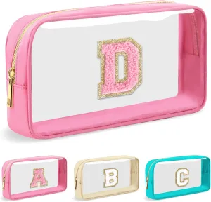 Personalized Initial Letter Clear Makeup Bag,Preppy Small Nylon&PVC Cosmetic Zipper Bag with Chenille Letter,Portable Beach Travel Skincare Toiletry Bag,Trendy Monogram Gift for Teen Girls Women,D