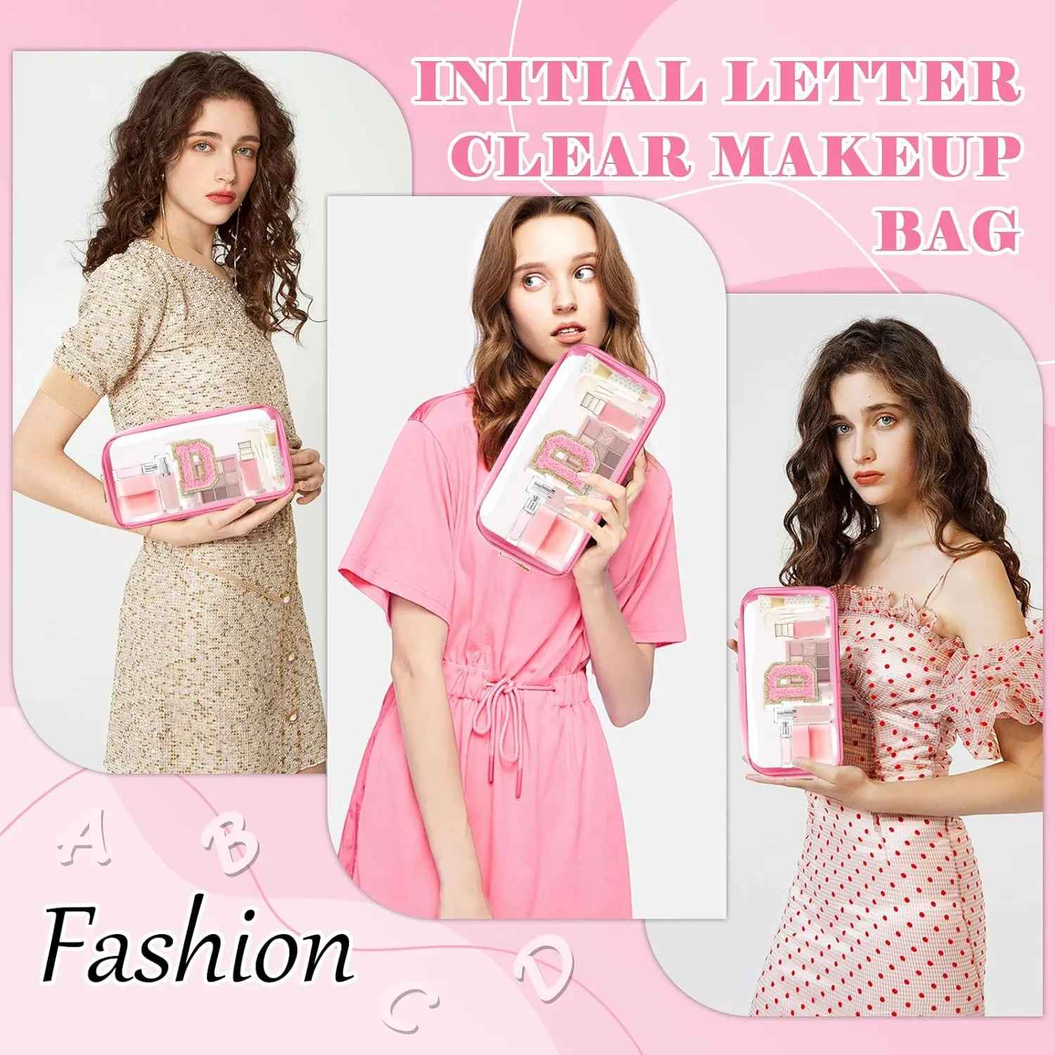 Personalized Initial Letter Clear Makeup Bag,Preppy Small Nylon&PVC Cosmetic Zipper Bag with Chenille Letter,Portable Beach Travel Skincare Toiletry Bag,Trendy Monogram Gift for Teen Girls Women,D