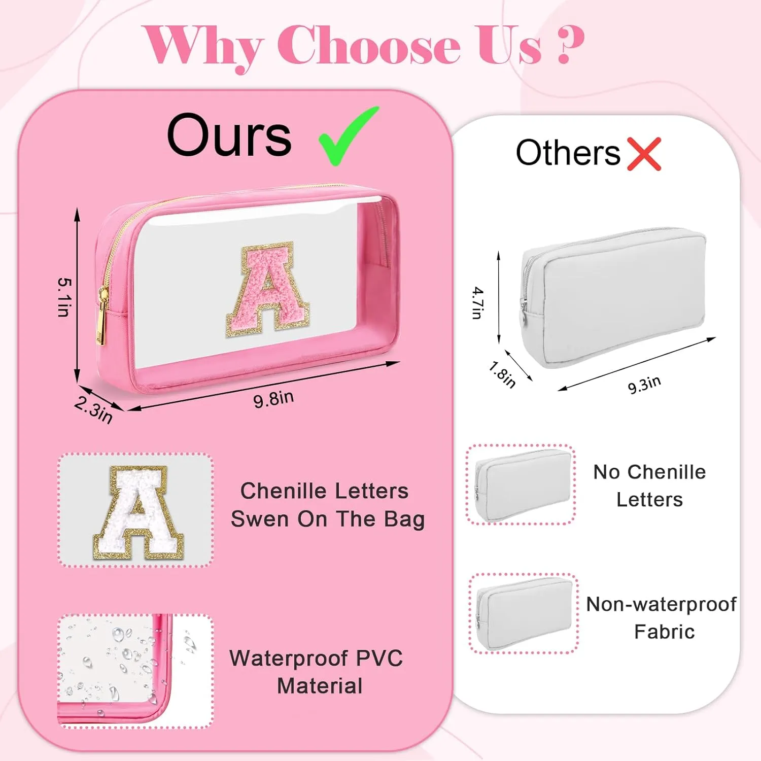 Personalized Initial Letter Clear Makeup Bag,Preppy Small Nylon&PVC Cosmetic Zipper Bag with Chenille Letter,Portable Beach Travel Skincare Toiletry Bag,Trendy Monogram Gift for Teen Girls Women,D