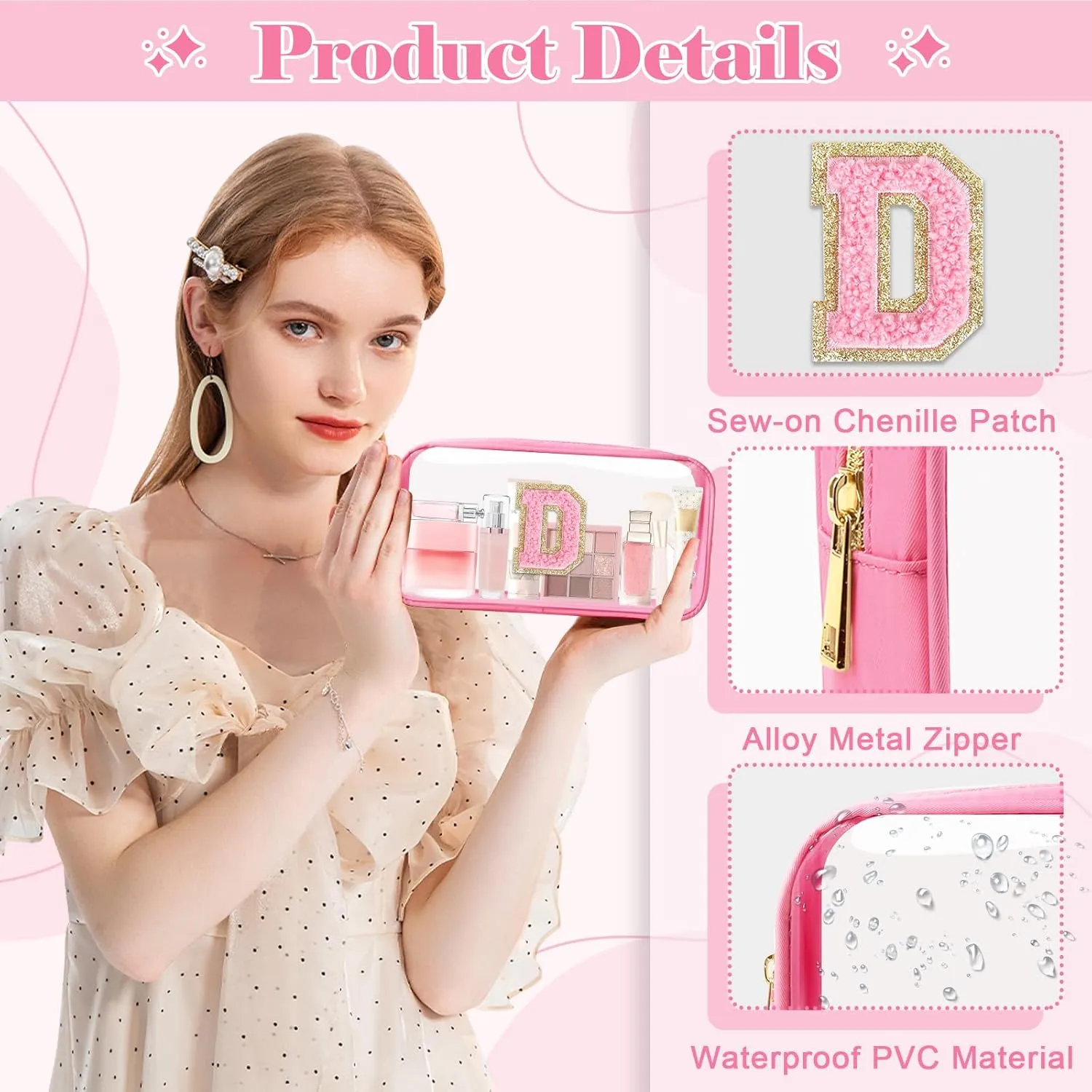 Personalized Initial Letter Clear Makeup Bag,Preppy Small Nylon&PVC Cosmetic Zipper Bag with Chenille Letter,Portable Beach Travel Skincare Toiletry Bag,Trendy Monogram Gift for Teen Girls Women,D
