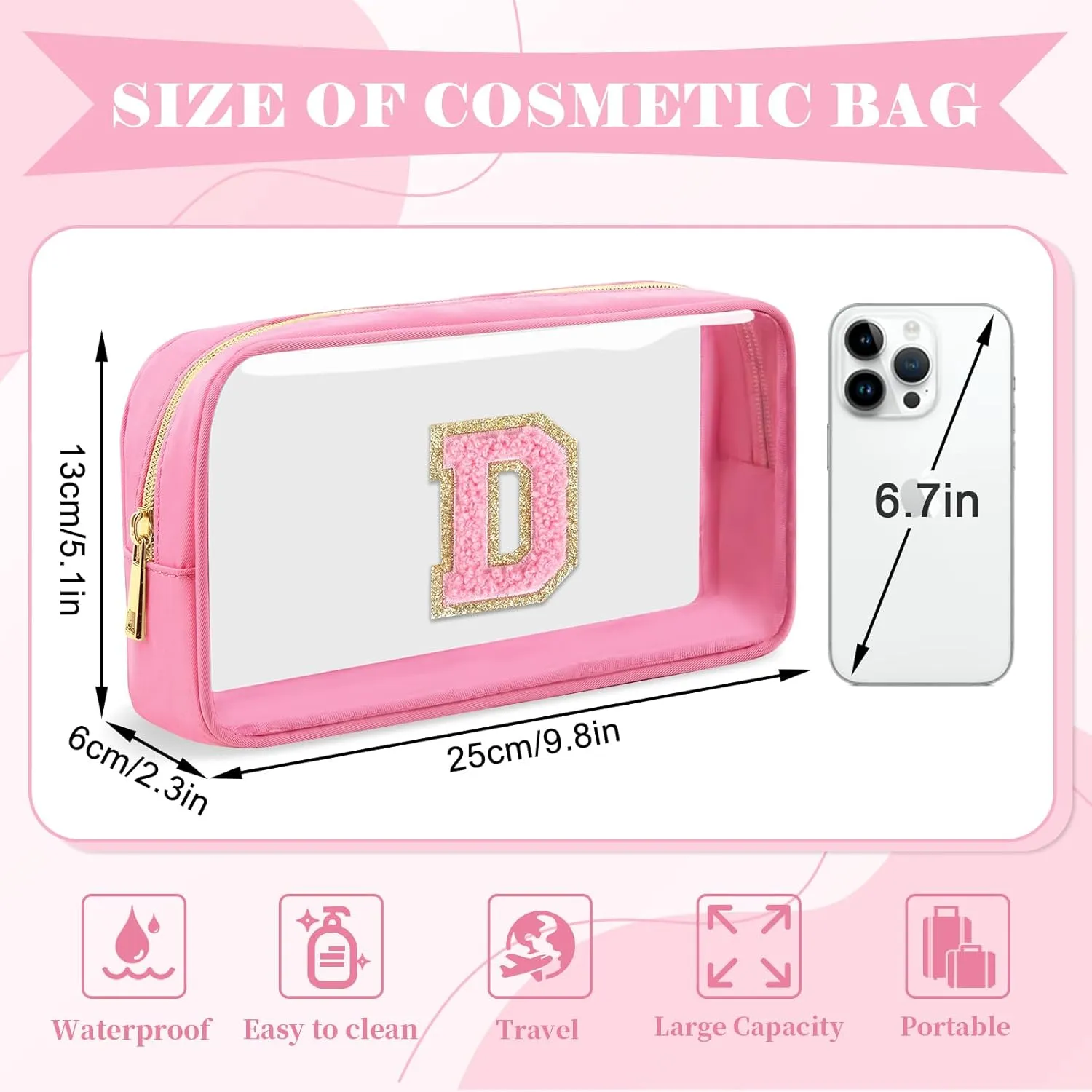 Personalized Initial Letter Clear Makeup Bag,Preppy Small Nylon&PVC Cosmetic Zipper Bag with Chenille Letter,Portable Beach Travel Skincare Toiletry Bag,Trendy Monogram Gift for Teen Girls Women,D