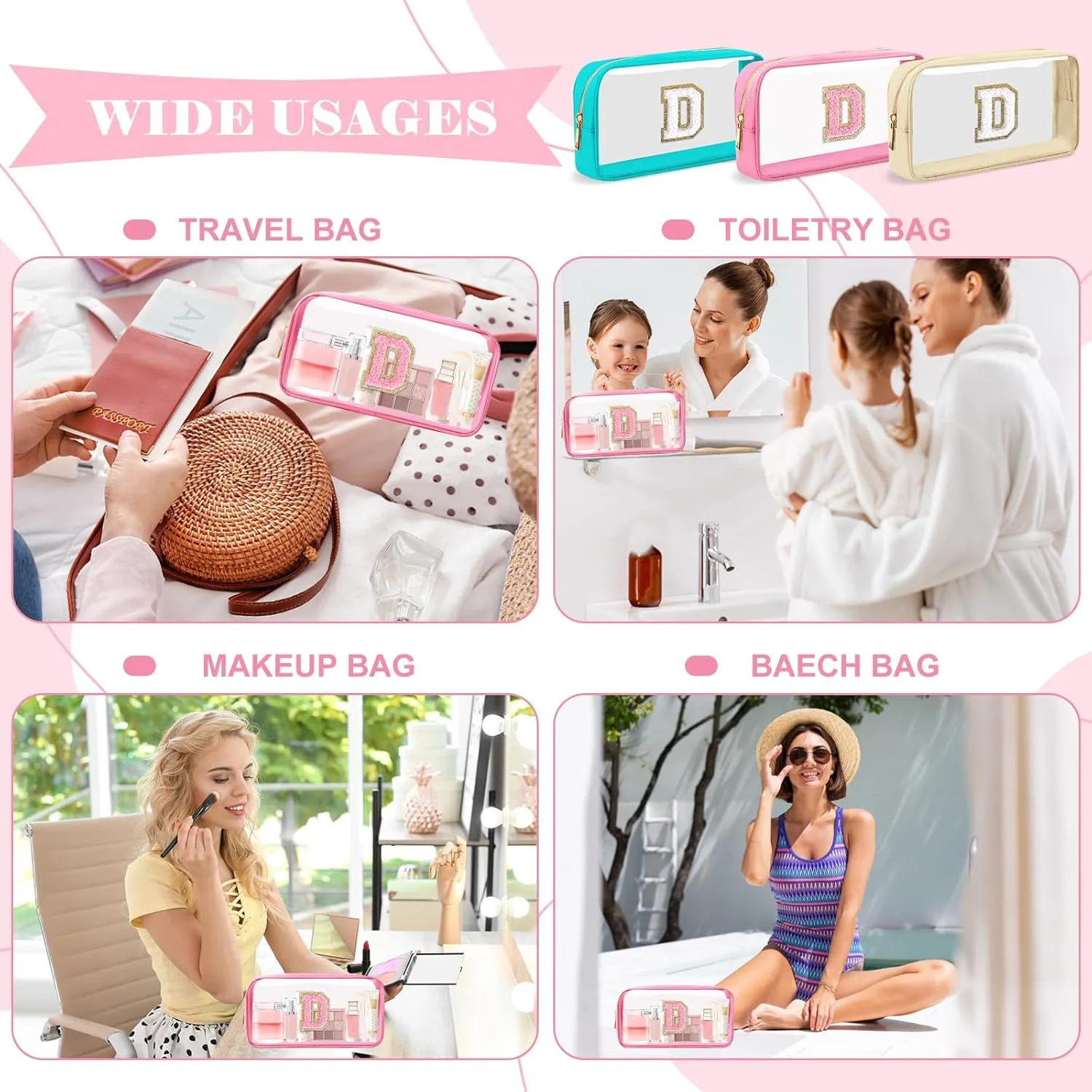 Personalized Initial Letter Clear Makeup Bag,Preppy Small Nylon&PVC Cosmetic Zipper Bag with Chenille Letter,Portable Beach Travel Skincare Toiletry Bag,Trendy Monogram Gift for Teen Girls Women,D