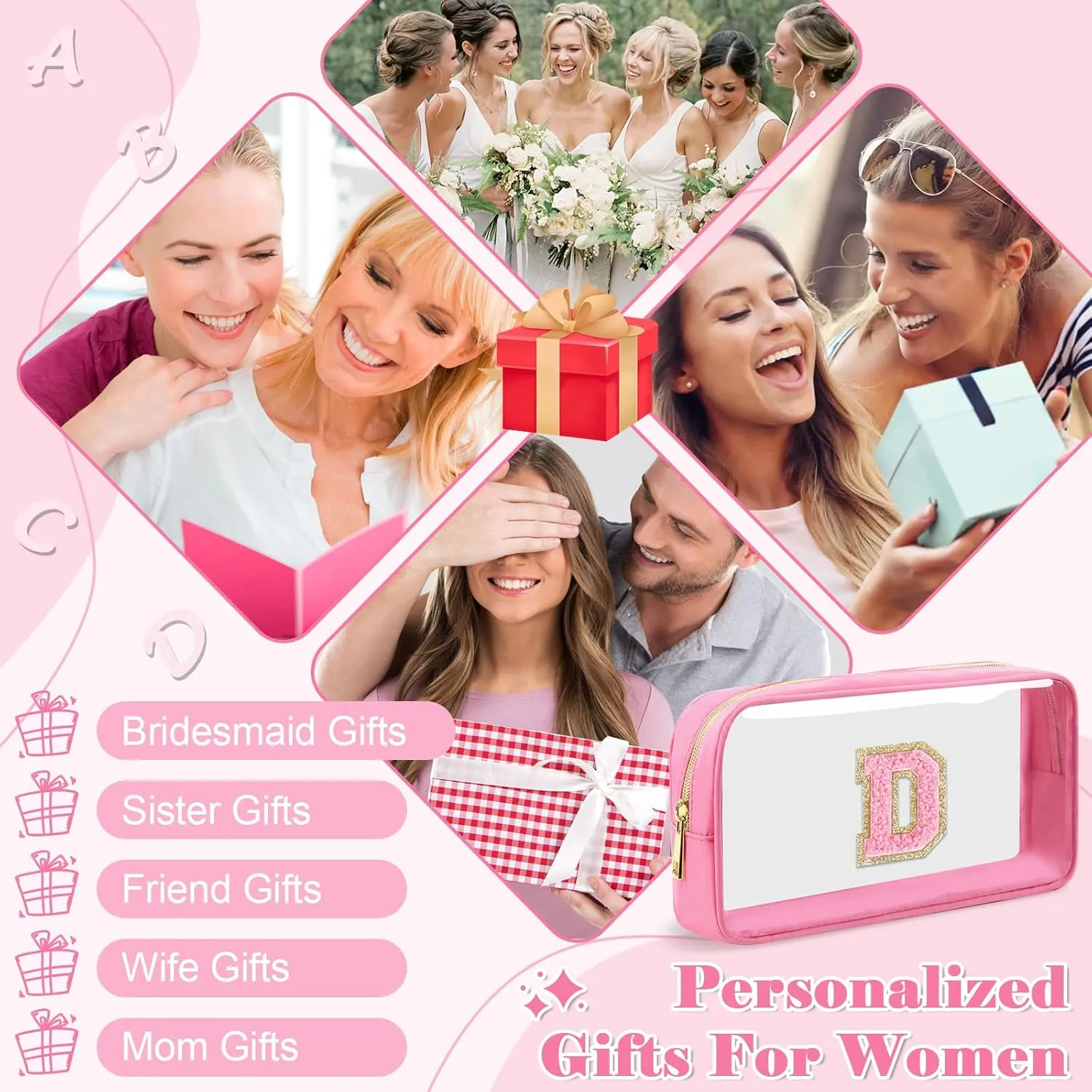 Personalized Initial Letter Clear Makeup Bag,Preppy Small Nylon&PVC Cosmetic Zipper Bag with Chenille Letter,Portable Beach Travel Skincare Toiletry Bag,Trendy Monogram Gift for Teen Girls Women,D