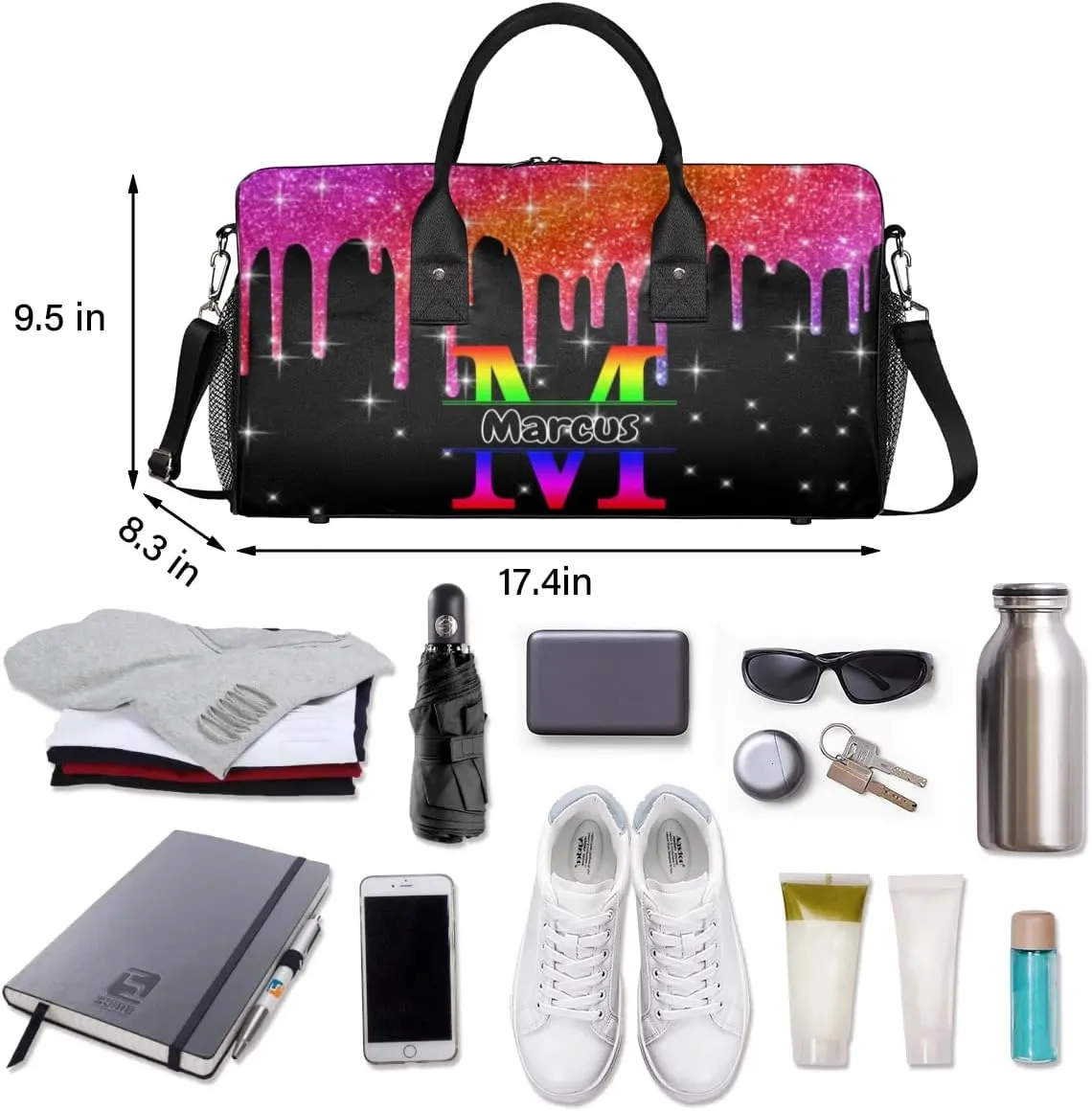 Personalized Initial Sports Bag Travel Duffel Bags with Name, Custom Gym Bag for Adults, Overnight Weekend Bags, Fluid Dance Bag, Personalized Gifts, Colorful