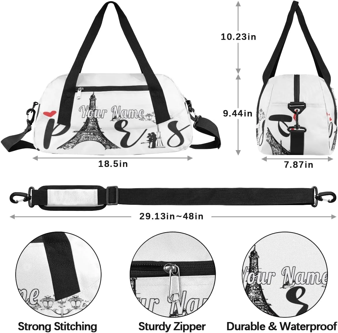 Personalized Kids Duffel Bag Paris Eiffel Tower,Custom Sport Gym Bag for Boys Girls,WWeekender Overnight Bags Travel Duffel Bag,Customized Kids Gift