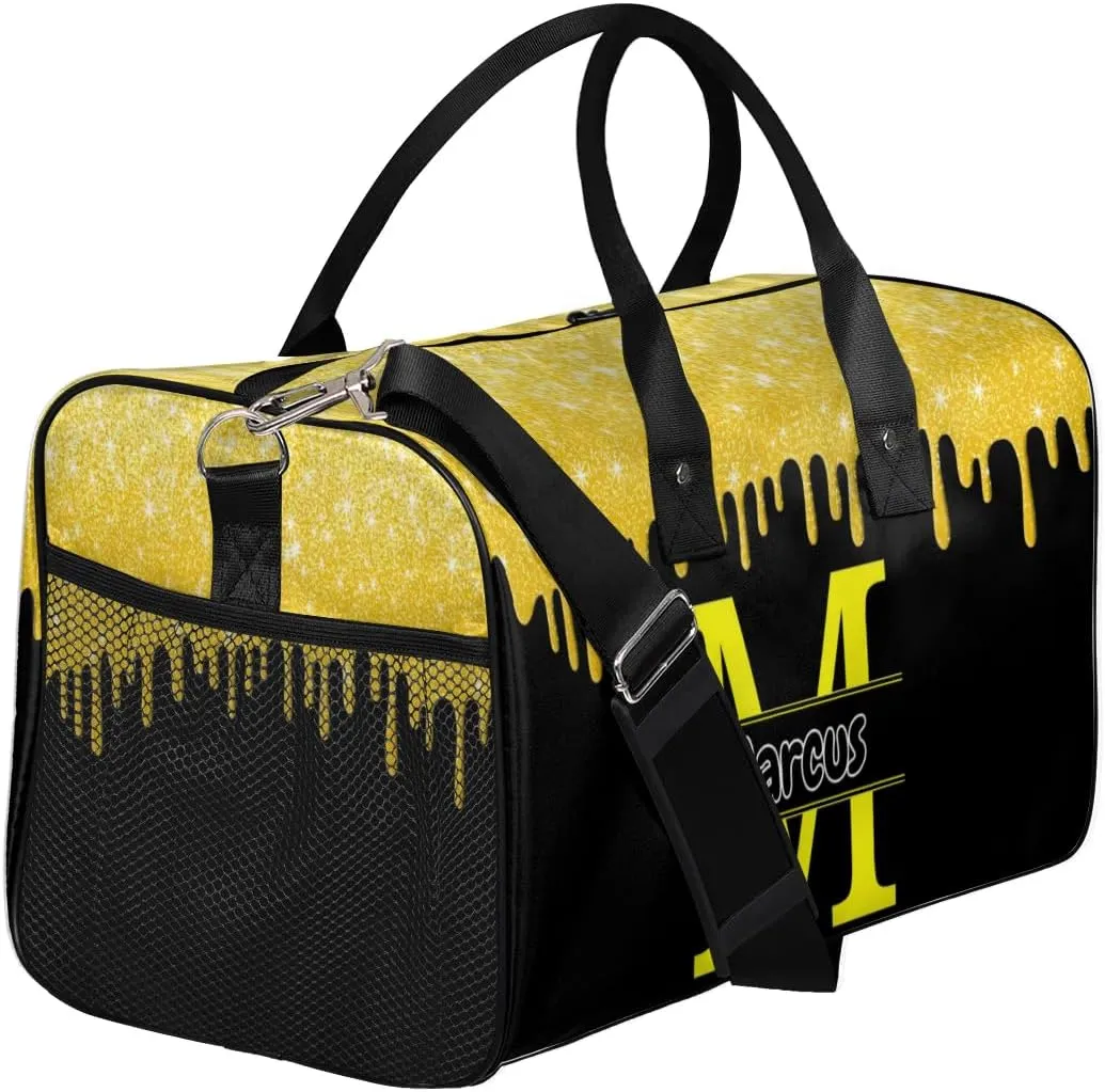 Personalized Name Sports Bag Travel Duffel Bags, Custom Initial Gym Bag for Adults, Overnight Weekend Bags, Dance Bag, Personalized Gifts, Gold Glitter Fluids