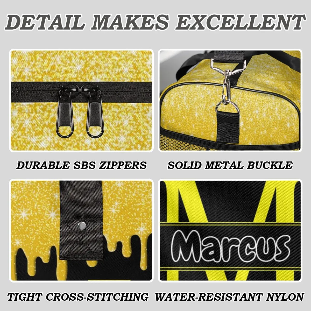 Personalized Name Sports Bag Travel Duffel Bags, Custom Initial Gym Bag for Adults, Overnight Weekend Bags, Dance Bag, Personalized Gifts, Gold Glitter Fluids