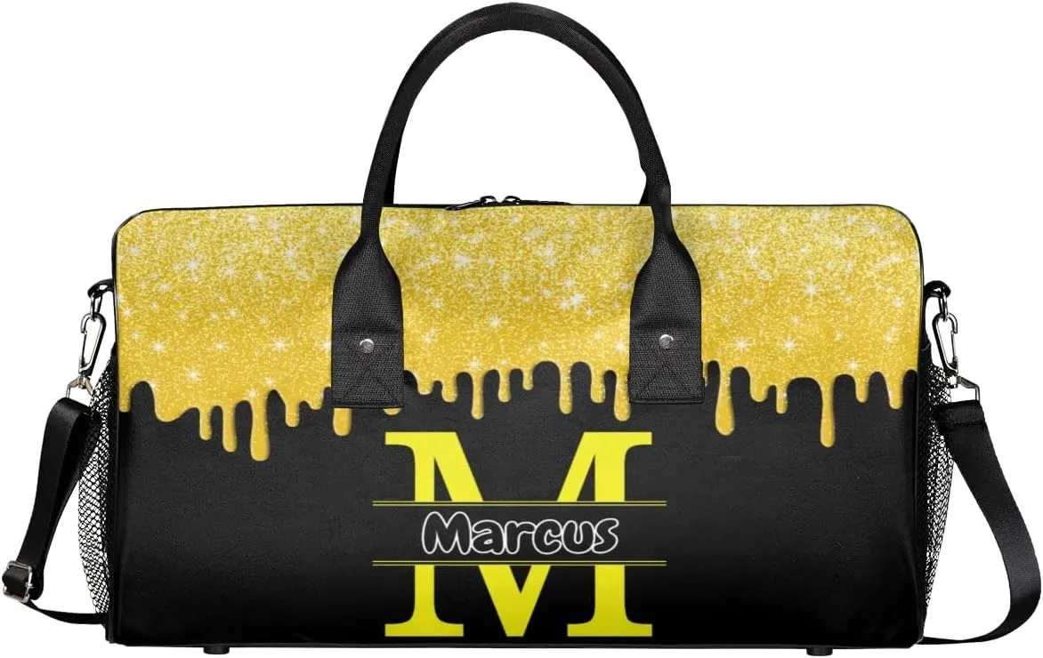 Personalized Name Sports Bag Travel Duffel Bags, Custom Initial Gym Bag for Adults, Overnight Weekend Bags, Dance Bag, Personalized Gifts, Gold Glitter Fluids