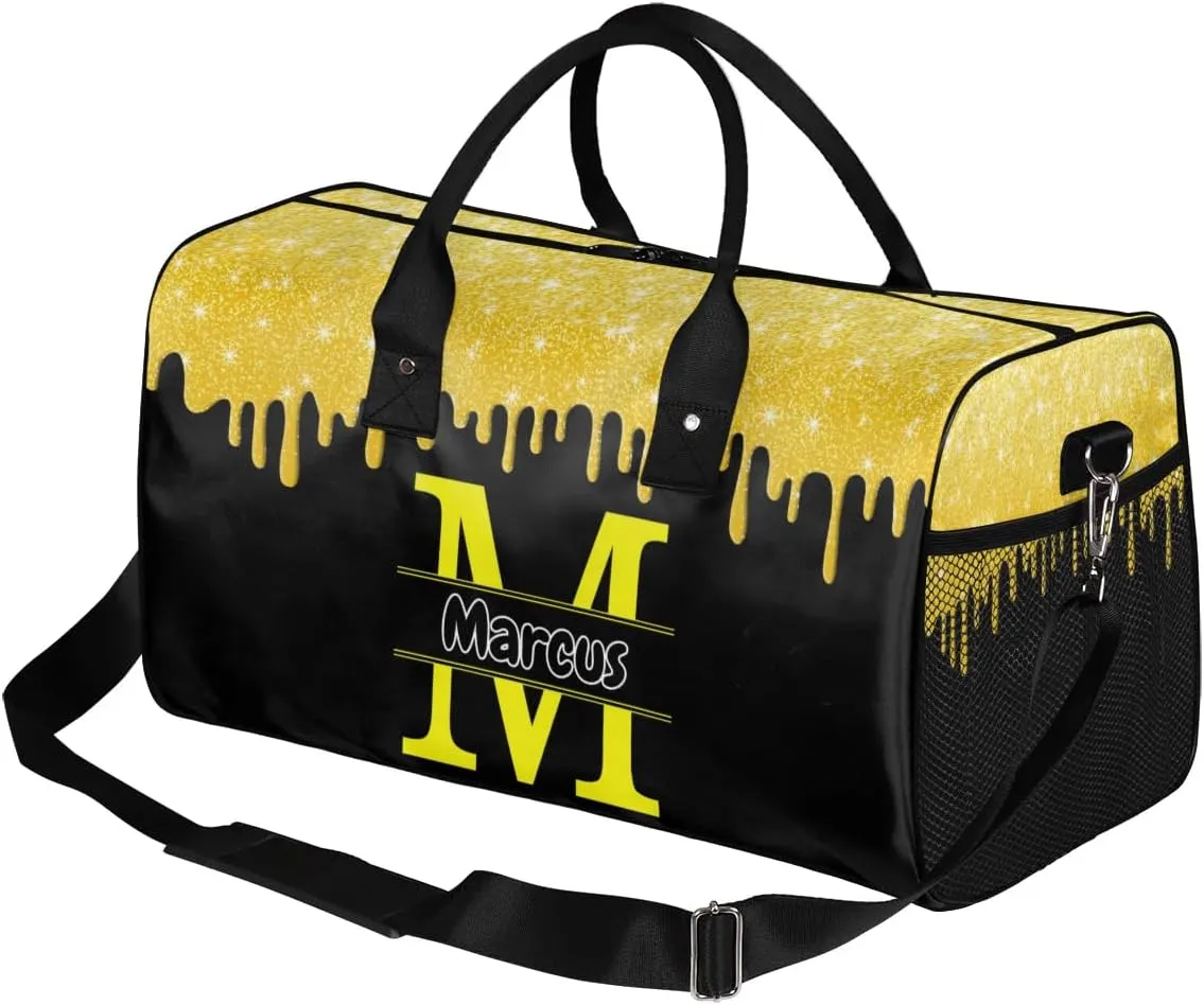 Personalized Name Sports Bag Travel Duffel Bags, Custom Initial Gym Bag for Adults, Overnight Weekend Bags, Dance Bag, Personalized Gifts, Gold Glitter Fluids