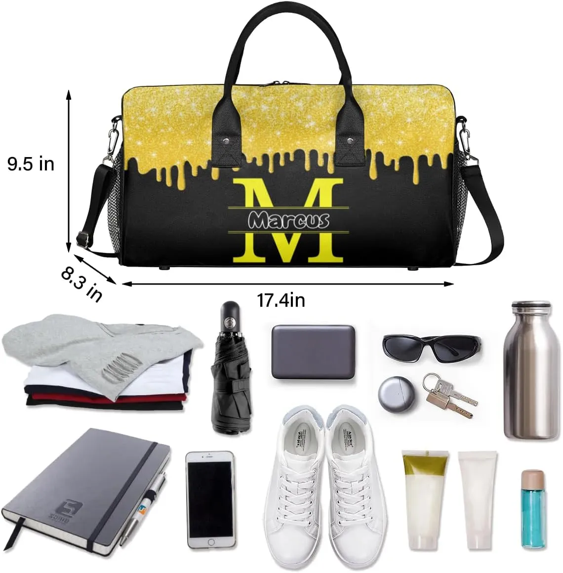 Personalized Name Sports Bag Travel Duffel Bags, Custom Initial Gym Bag for Adults, Overnight Weekend Bags, Dance Bag, Personalized Gifts, Gold Glitter Fluids