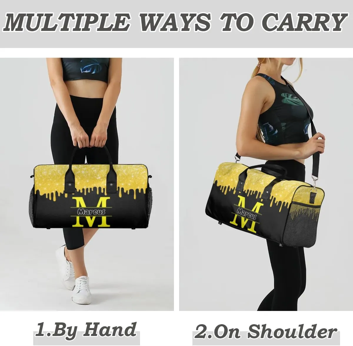 Personalized Name Sports Bag Travel Duffel Bags, Custom Initial Gym Bag for Adults, Overnight Weekend Bags, Dance Bag, Personalized Gifts, Gold Glitter Fluids