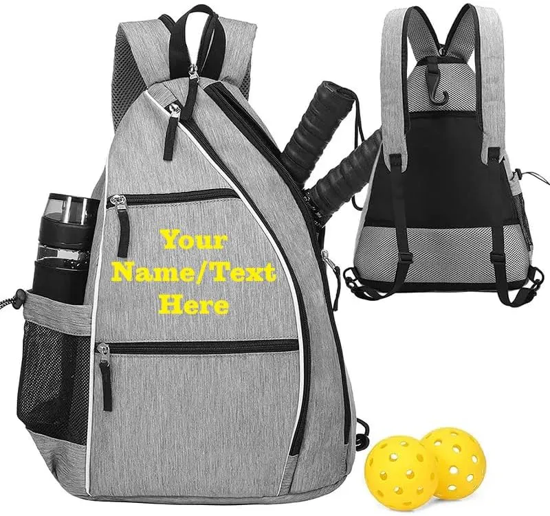 Personalized Pickleball Sling Bag Custom Paddle Backpack with Name or Logo Lightweight Durable Sports Gear Bag for Men Women Adjustable Strap Water Bottle Pocket Fence Hook Storage