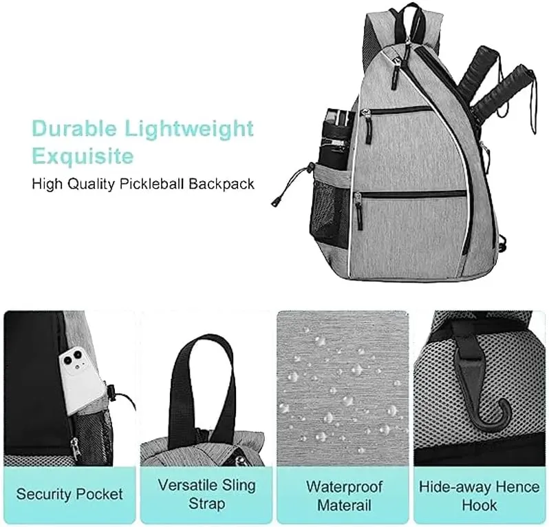 Personalized Pickleball Sling Bag Custom Paddle Backpack with Name or Logo Lightweight Durable Sports Gear Bag for Men Women Adjustable Strap Water Bottle Pocket Fence Hook Storage
