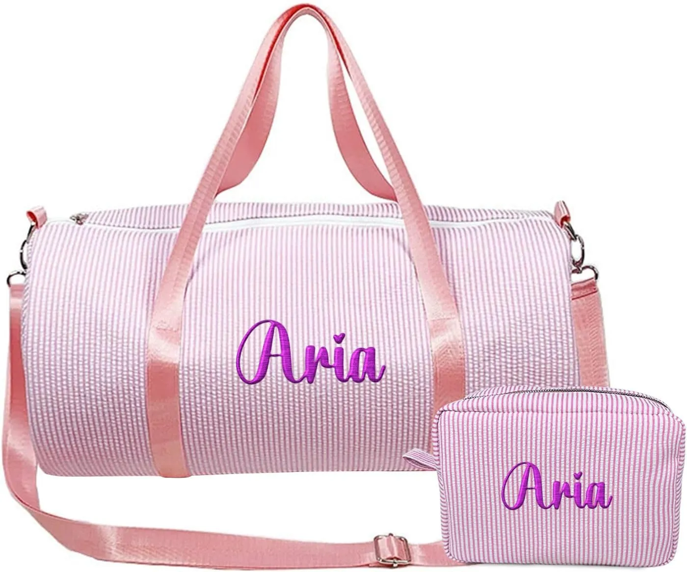 Personalized Seersucker Kids Travel Duffle & Cosmetic Bag, Custom Makeup Bag and Dance Bags Set for Dance Weekender Sleepover Girls
