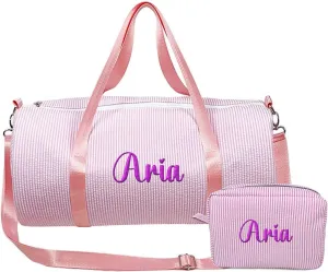 Personalized Seersucker Kids Travel Duffle & Cosmetic Bag, Custom Makeup Bag and Dance Bags Set for Dance Weekender Sleepover Girls