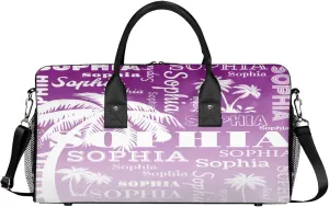 Personalized Sport Duffel Bag with Name, Coconut Tree Design Custom Overnight Bag Sleepover Bags for Dance Cheer Gymnastics, Magenta Gradient