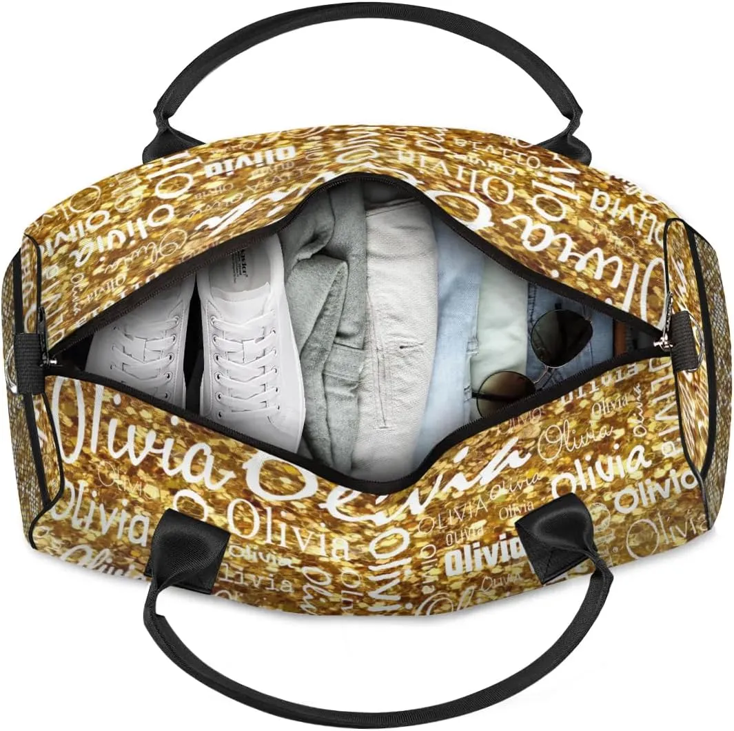 Personalized Travel Duffel Bag for Women Men, Custom Gym Duffel Bags with Name Cheer Sports Overnight Weekender Bags, Dark Gold Glitter Birthday Gift (No Glitter)