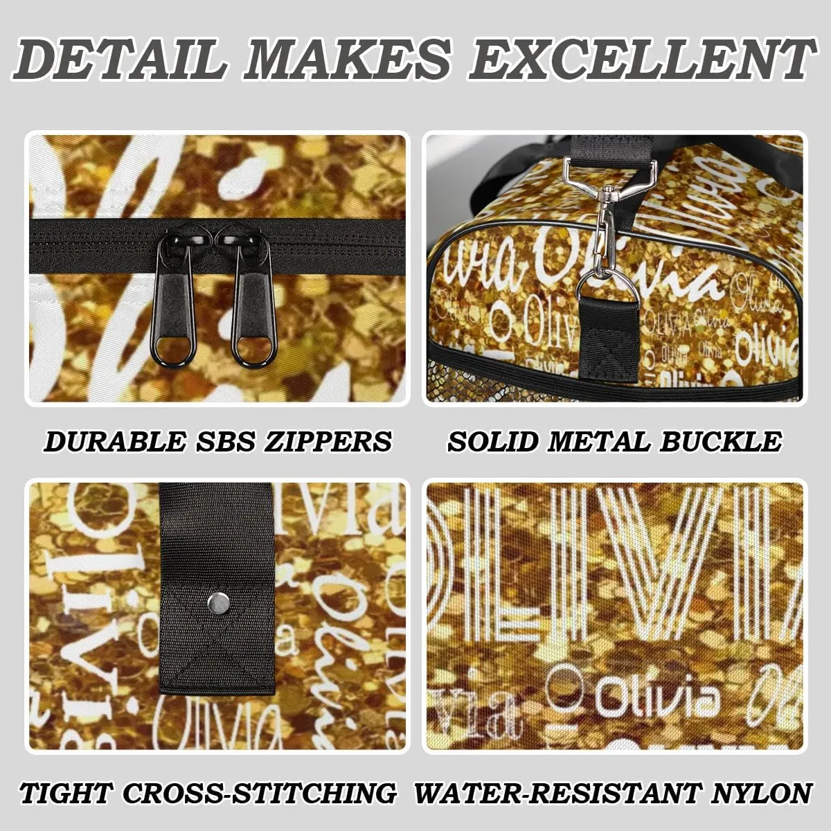 Personalized Travel Duffel Bag for Women Men, Custom Gym Duffel Bags with Name Cheer Sports Overnight Weekender Bags, Dark Gold Glitter Birthday Gift (No Glitter)