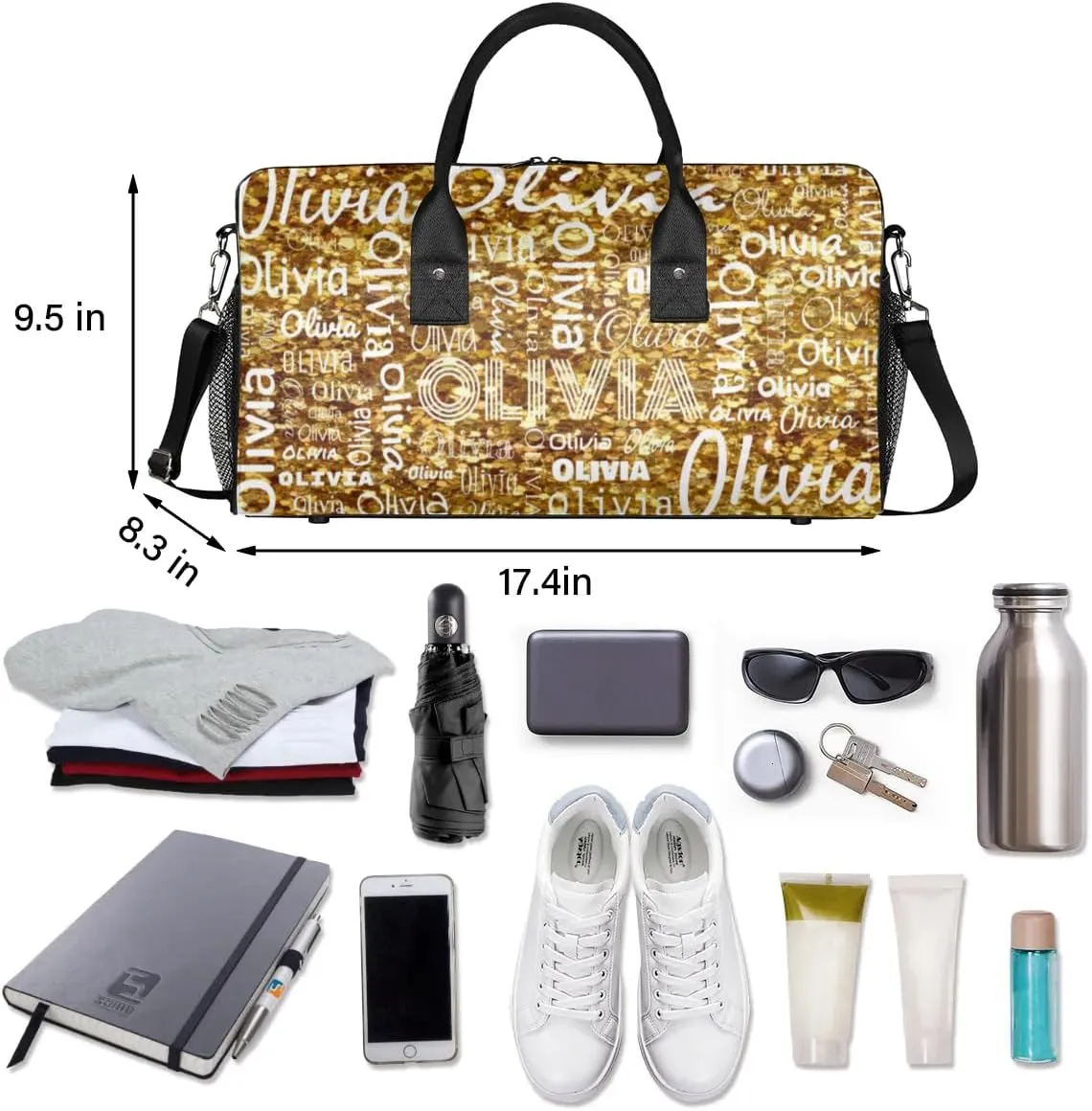 Personalized Travel Duffel Bag for Women Men, Custom Gym Duffel Bags with Name Cheer Sports Overnight Weekender Bags, Dark Gold Glitter Birthday Gift (No Glitter)
