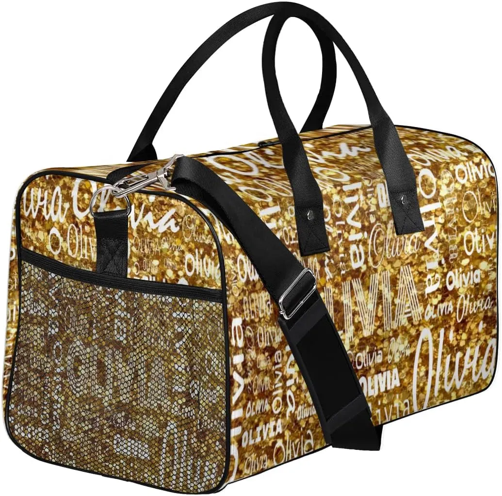 Personalized Travel Duffel Bag for Women Men, Custom Gym Duffel Bags with Name Cheer Sports Overnight Weekender Bags, Dark Gold Glitter Birthday Gift (No Glitter)