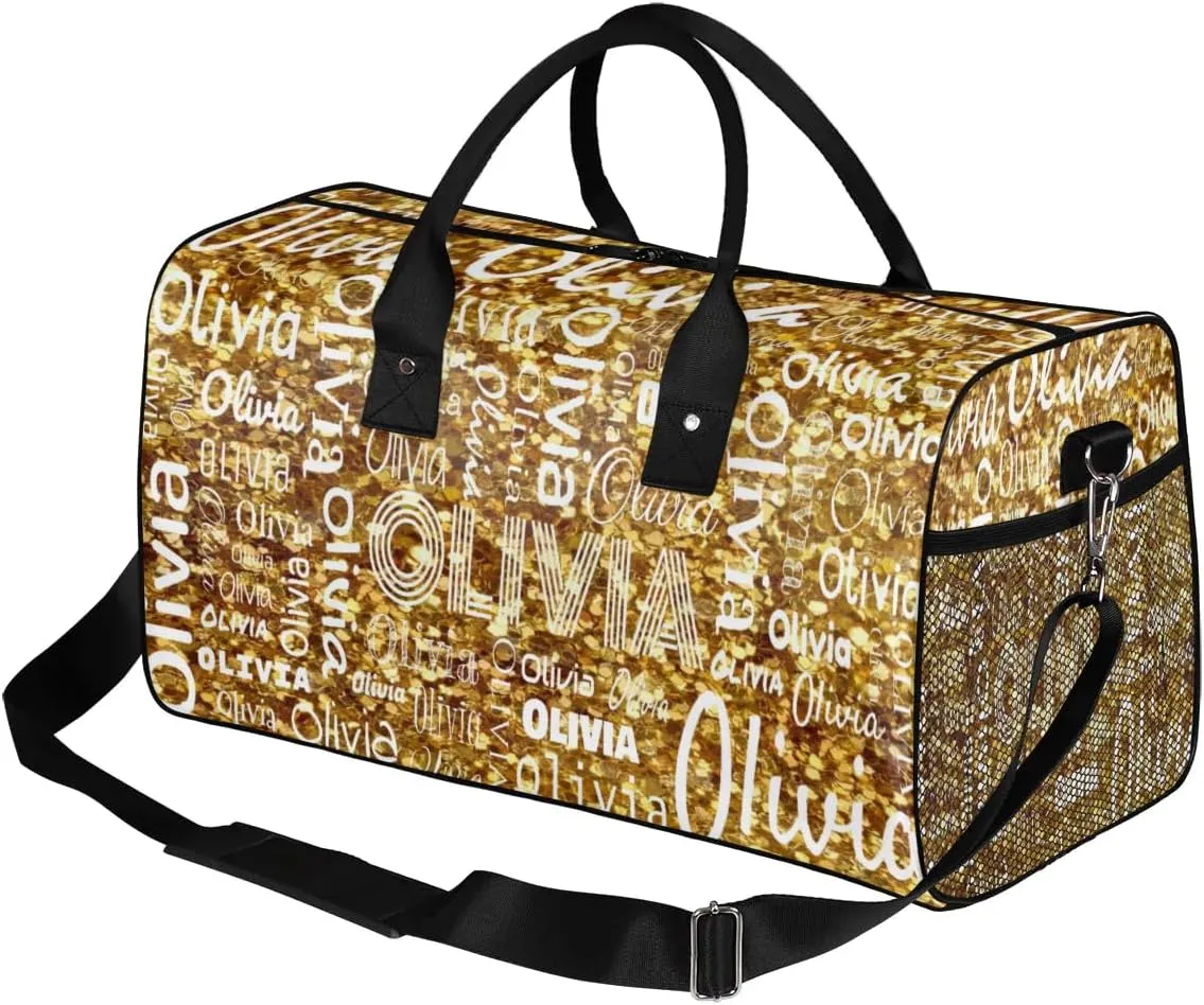 Personalized Travel Duffel Bag for Women Men, Custom Gym Duffel Bags with Name Cheer Sports Overnight Weekender Bags, Dark Gold Glitter Birthday Gift (No Glitter)