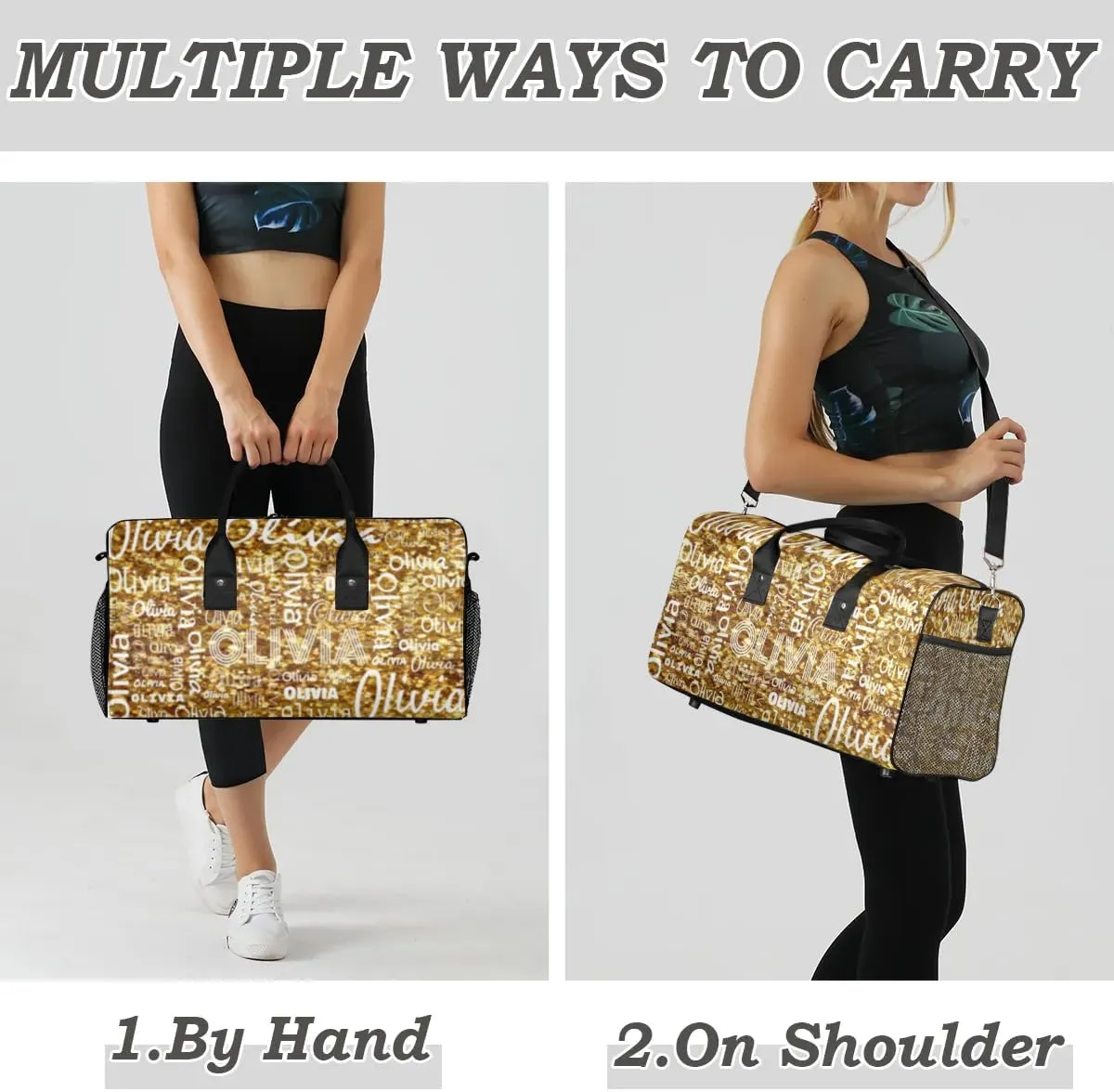 Personalized Travel Duffel Bag for Women Men, Custom Gym Duffel Bags with Name Cheer Sports Overnight Weekender Bags, Dark Gold Glitter Birthday Gift (No Glitter)