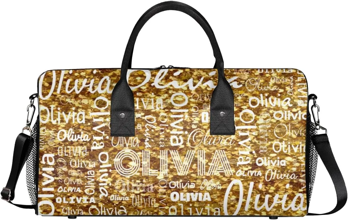 Personalized Travel Duffel Bag for Women Men, Custom Gym Duffel Bags with Name Cheer Sports Overnight Weekender Bags, Dark Gold Glitter Birthday Gift (No Glitter)