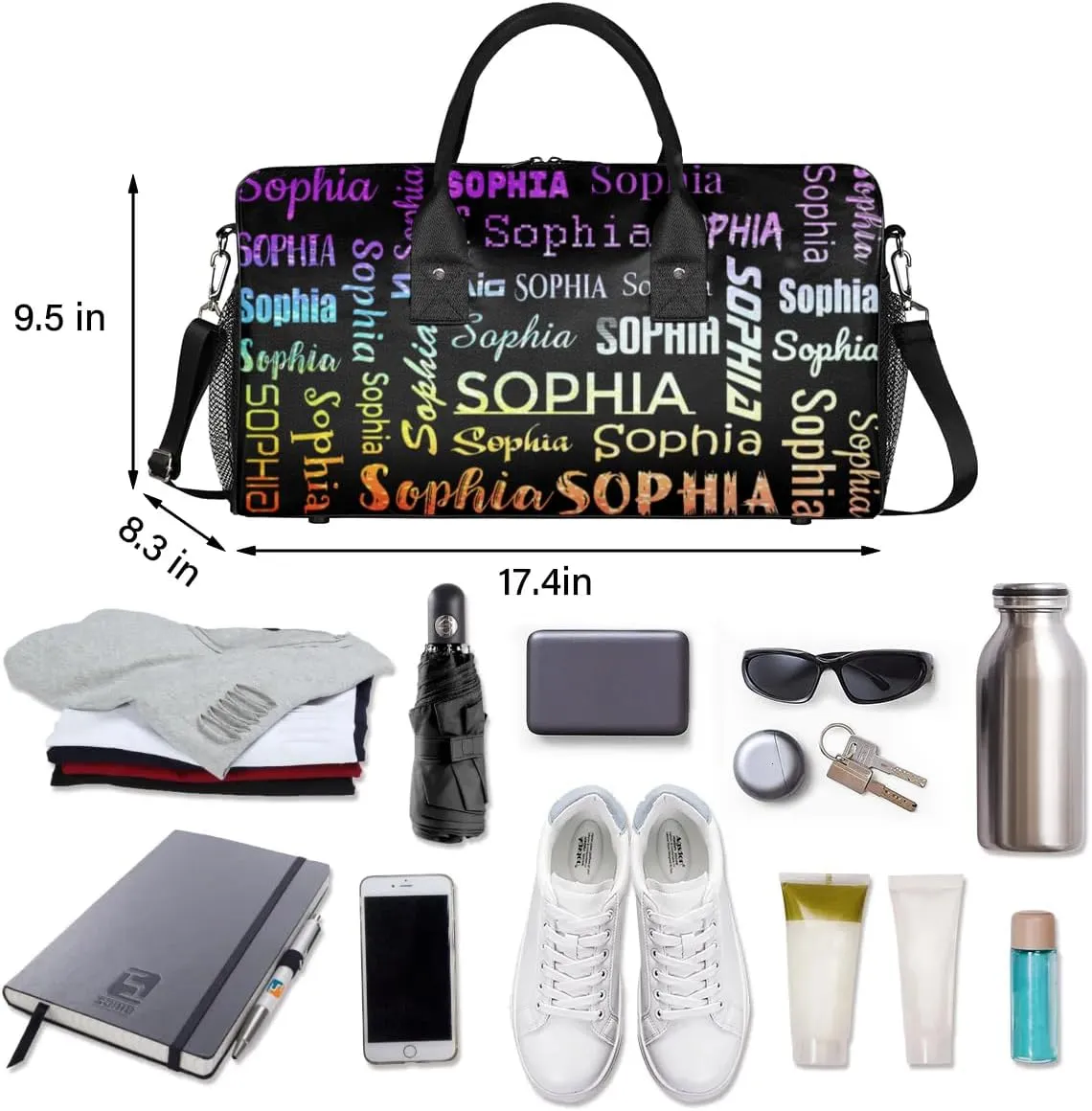 Personalized Travel Sports Bag for Women, Black Custom Gym Duffel Bags Birthday Gift with Colorful Glitter Shine Name Cheer Dance Overnight Weekender Bag