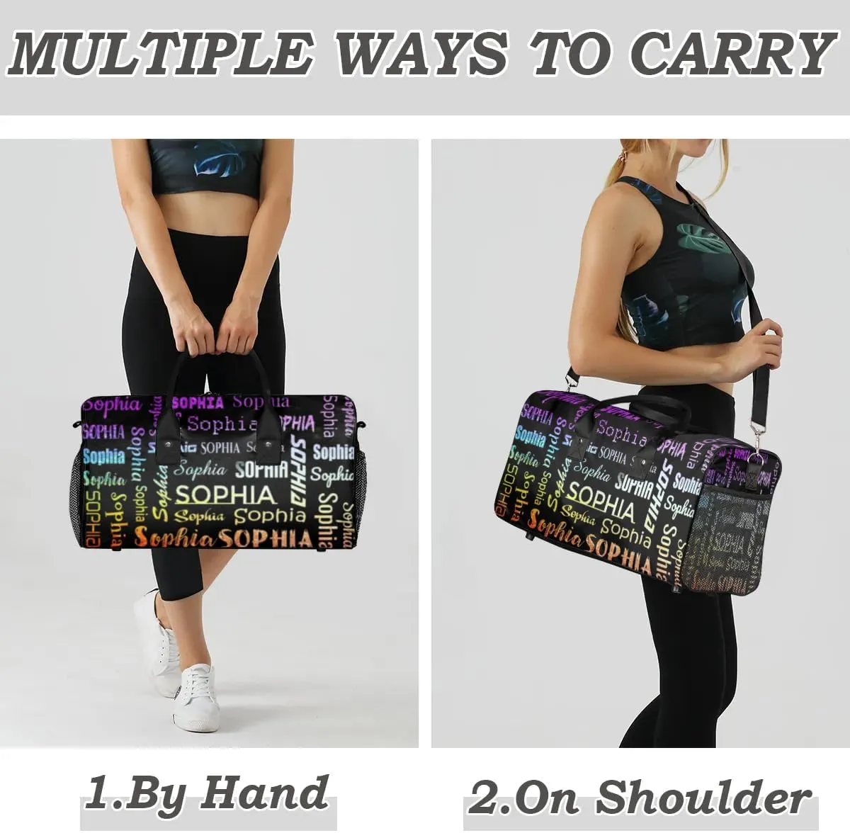 Personalized Travel Sports Bag for Women, Black Custom Gym Duffel Bags Birthday Gift with Colorful Glitter Shine Name Cheer Dance Overnight Weekender Bag