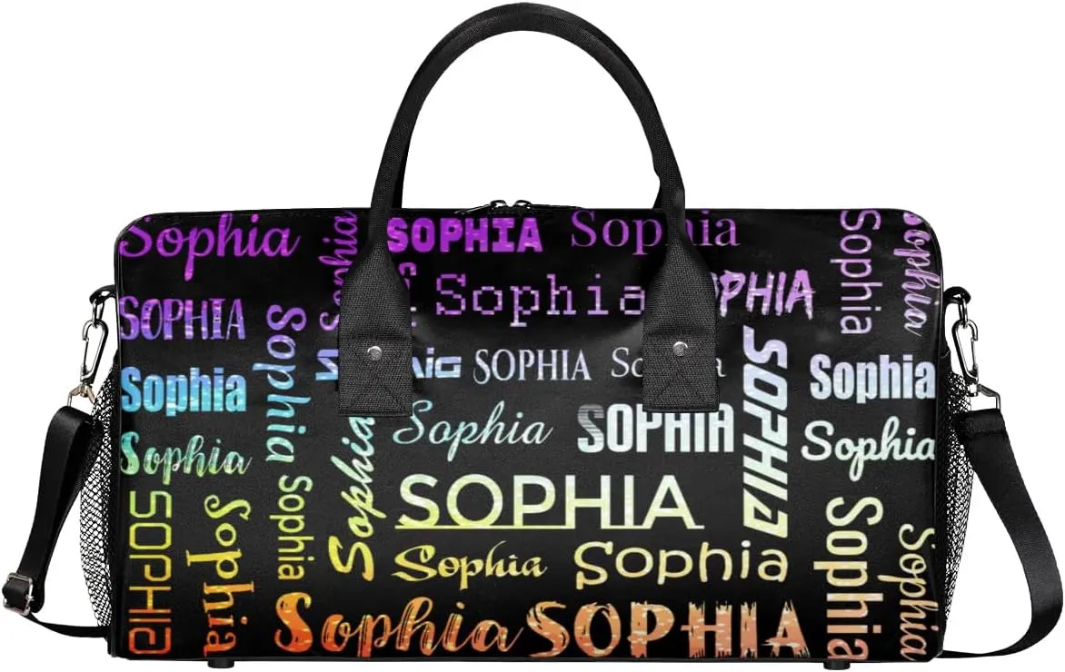 Personalized Travel Sports Bag for Women, Black Custom Gym Duffel Bags Birthday Gift with Colorful Glitter Shine Name Cheer Dance Overnight Weekender Bag