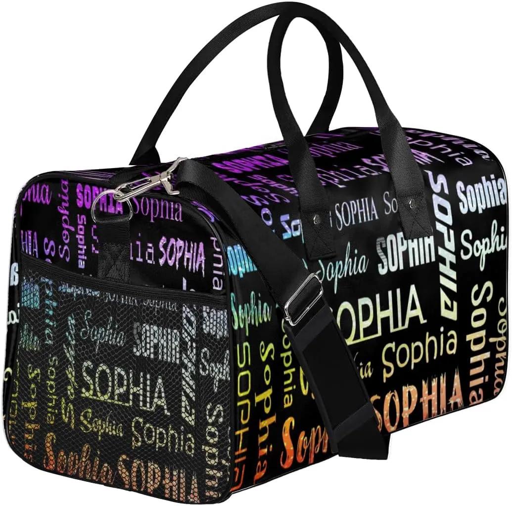 Personalized Travel Sports Bag for Women, Black Custom Gym Duffel Bags Birthday Gift with Colorful Glitter Shine Name Cheer Dance Overnight Weekender Bag