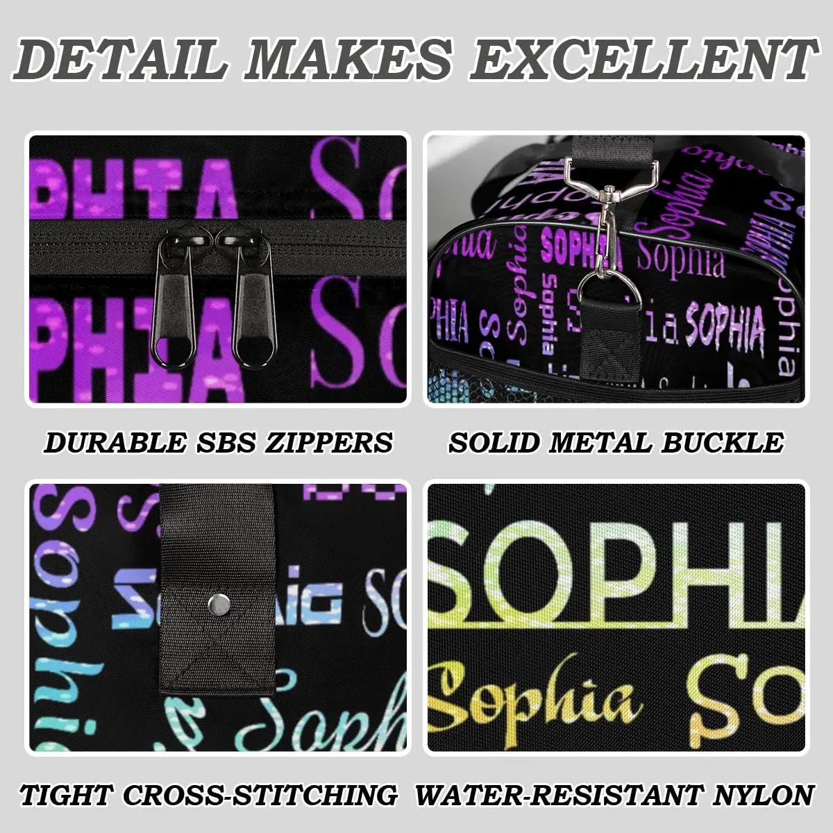 Personalized Travel Sports Bag for Women, Black Custom Gym Duffel Bags Birthday Gift with Colorful Glitter Shine Name Cheer Dance Overnight Weekender Bag