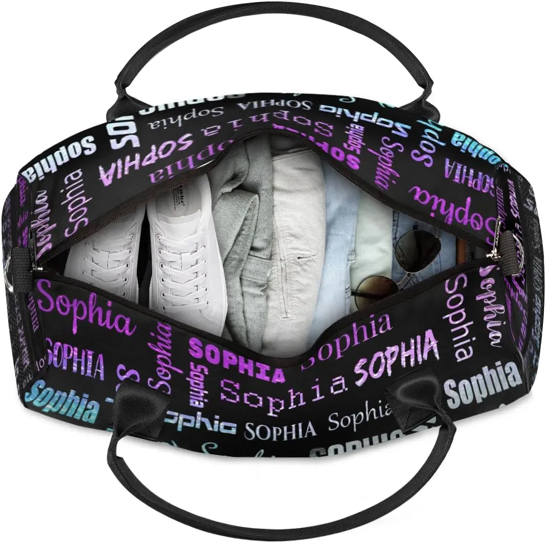 Personalized Travel Sports Bag for Women, Black Custom Gym Duffel Bags Birthday Gift with Colorful Glitter Shine Name Cheer Dance Overnight Weekender Bag