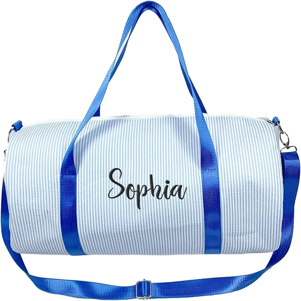 Personalzied Seersucker Girls Duffle Bag with Embroidered Name,Custom Toddler Dance Bag, Kids Overnight Duffle Ballet Gym Weekender Sleepover Travel Bag(Blue)
