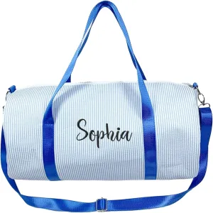 Personalzied Seersucker Girls Duffle Bag with Embroidered Name,Custom Toddler Dance Bag, Kids Overnight Duffle Ballet Gym Weekender Sleepover Travel Bag(Blue)