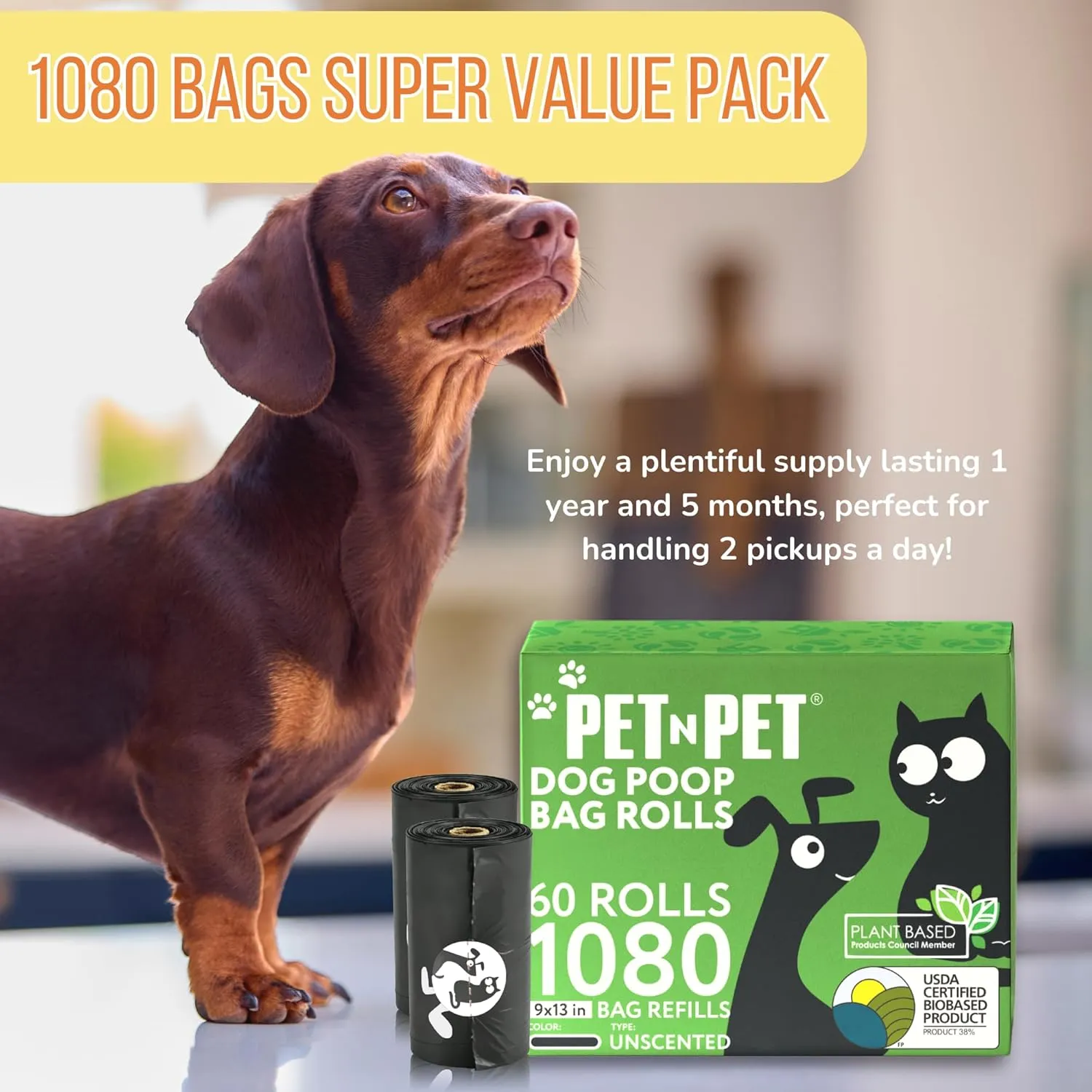 Pet N Pet Dog Poop Bag, Poop Bags, 1080 Counts Dog Bags Poop, Doggie Poop Bags USDA Certified 38% Biobased, Dog Waste Bags, Dog Poop Bags Refills, Poop Bags Dogs, Extra Thick Doggy Poop Bags Rolls