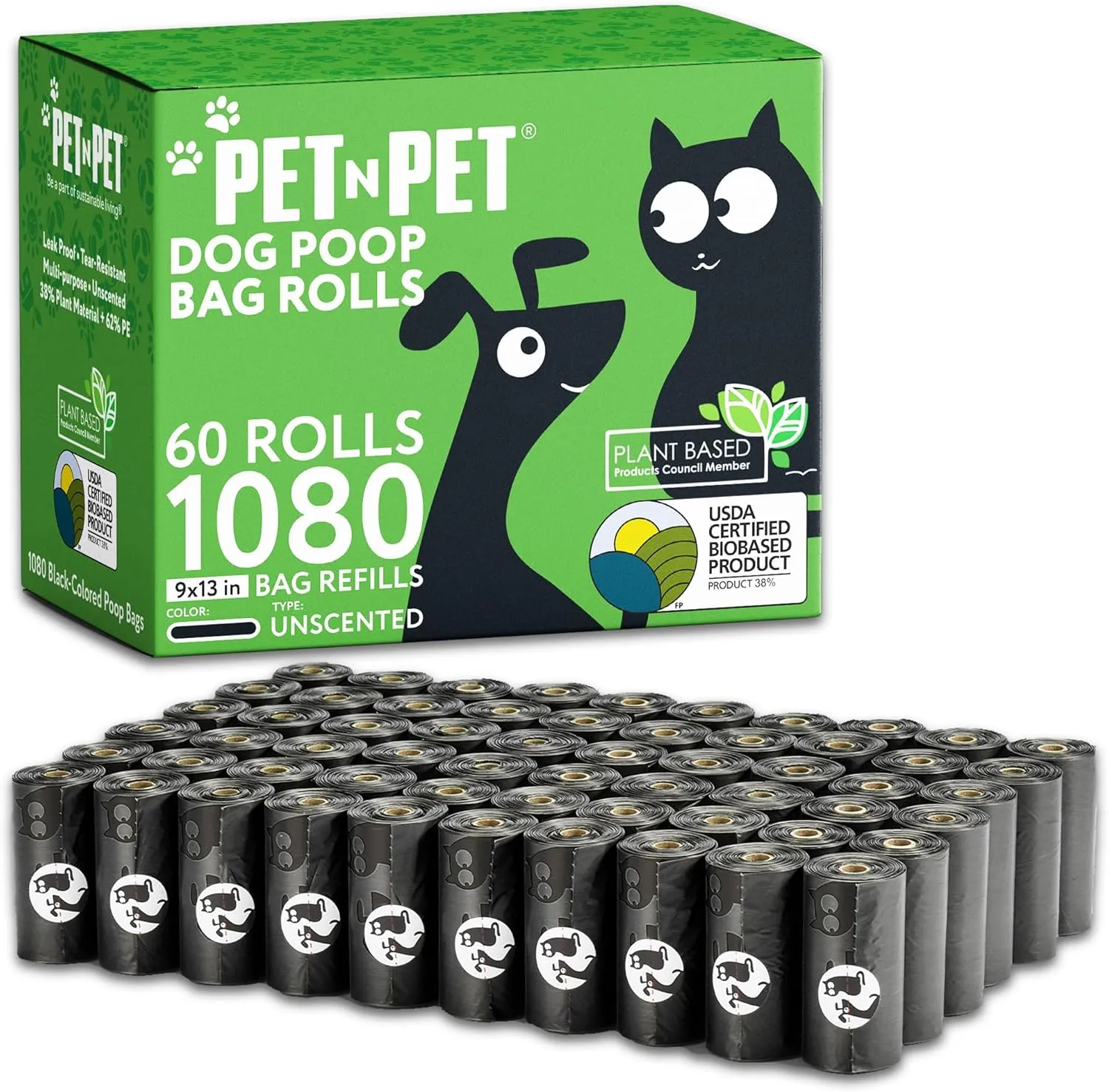 Pet N Pet Dog Poop Bag, Poop Bags, 1080 Counts Dog Bags Poop, Doggie Poop Bags USDA Certified 38% Biobased, Dog Waste Bags, Dog Poop Bags Refills, Poop Bags Dogs, Extra Thick Doggy Poop Bags Rolls